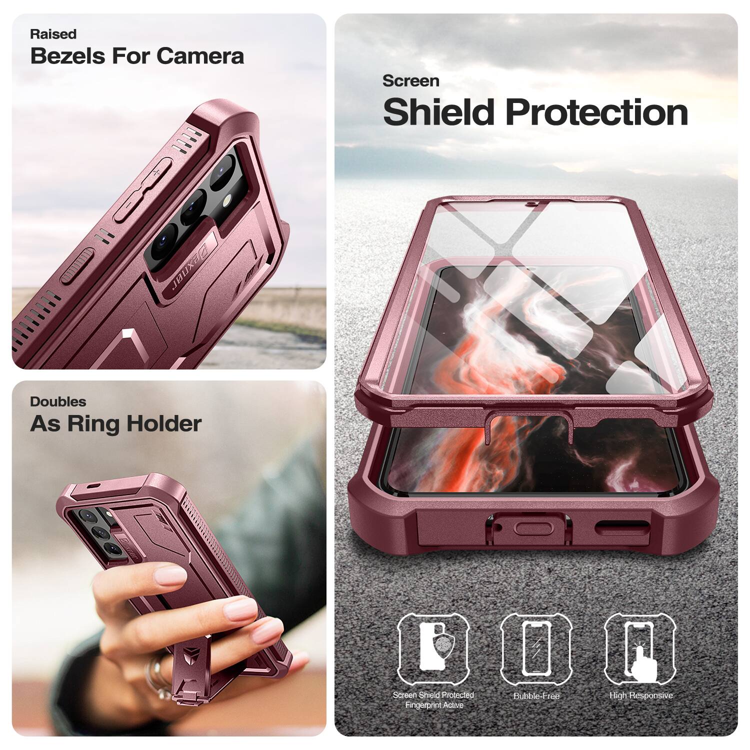 Raised Bezels For Camera  
Screen Shield Protection  
Doubles As Ring Holder  

Screen Shield Protected Fingerprint Active  
Bubble-Free  
High Responsive