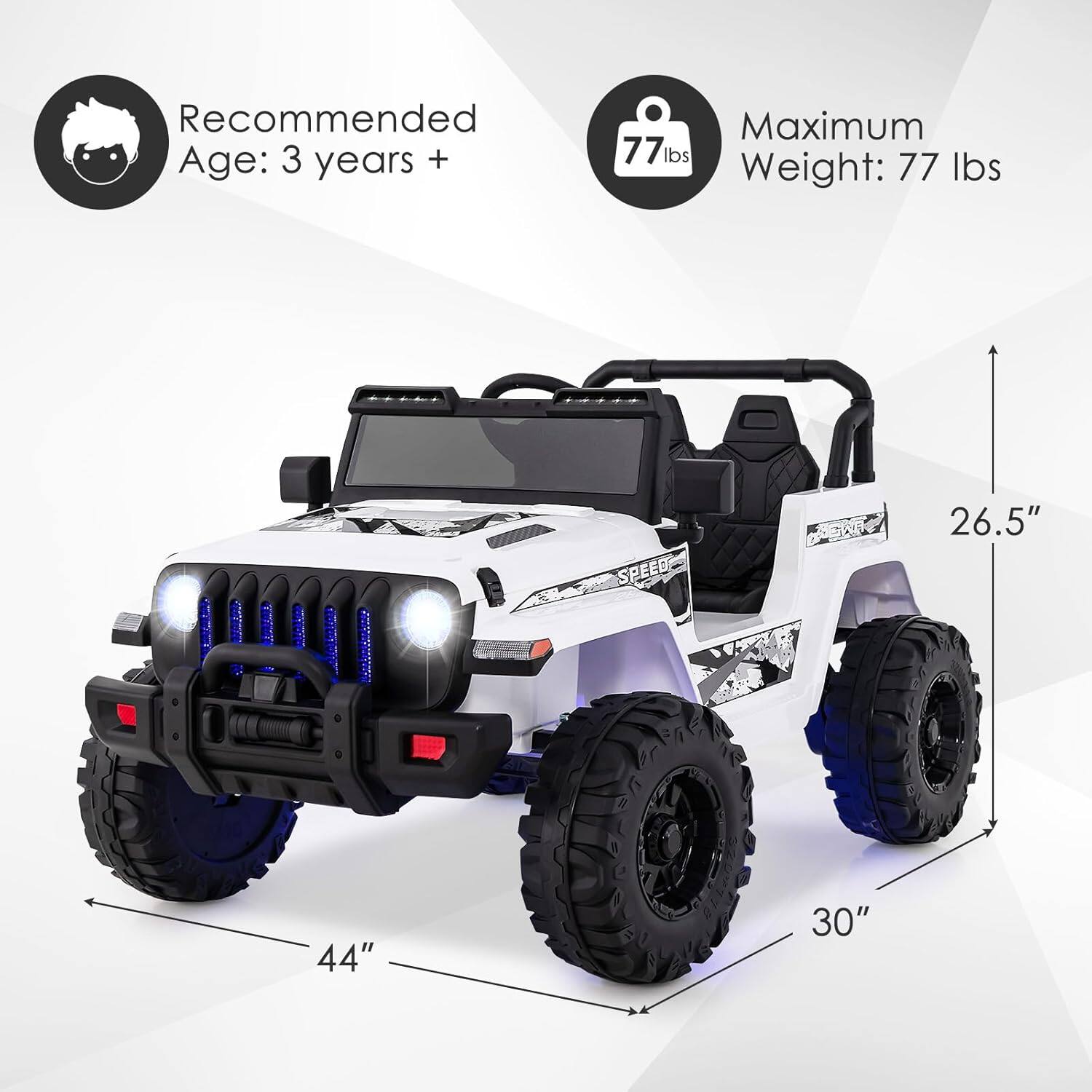 Recommended Age: 3 years +  
Maximum Weight: 77 lbs  

Dimensions:  
- Length: 44"  
- Width: 30"  
- Height: 26.5"