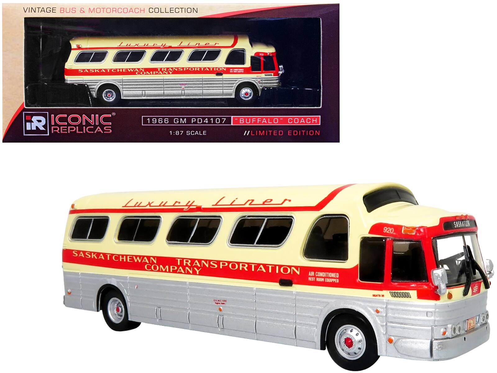 VINTAGE BUS & MOTORCOACH COLLECTION

ICONIC REPLICA

1966 GM PD4107 "BUFFALO" COACH

1:87 SCALE // LIMITED EDITION

Luxury Liner

SASKATCHEWAN TRANSPORTATION COMPANY

AIR CONDITIONED

REST ROOM EQUIPPED

920

SASKATOON