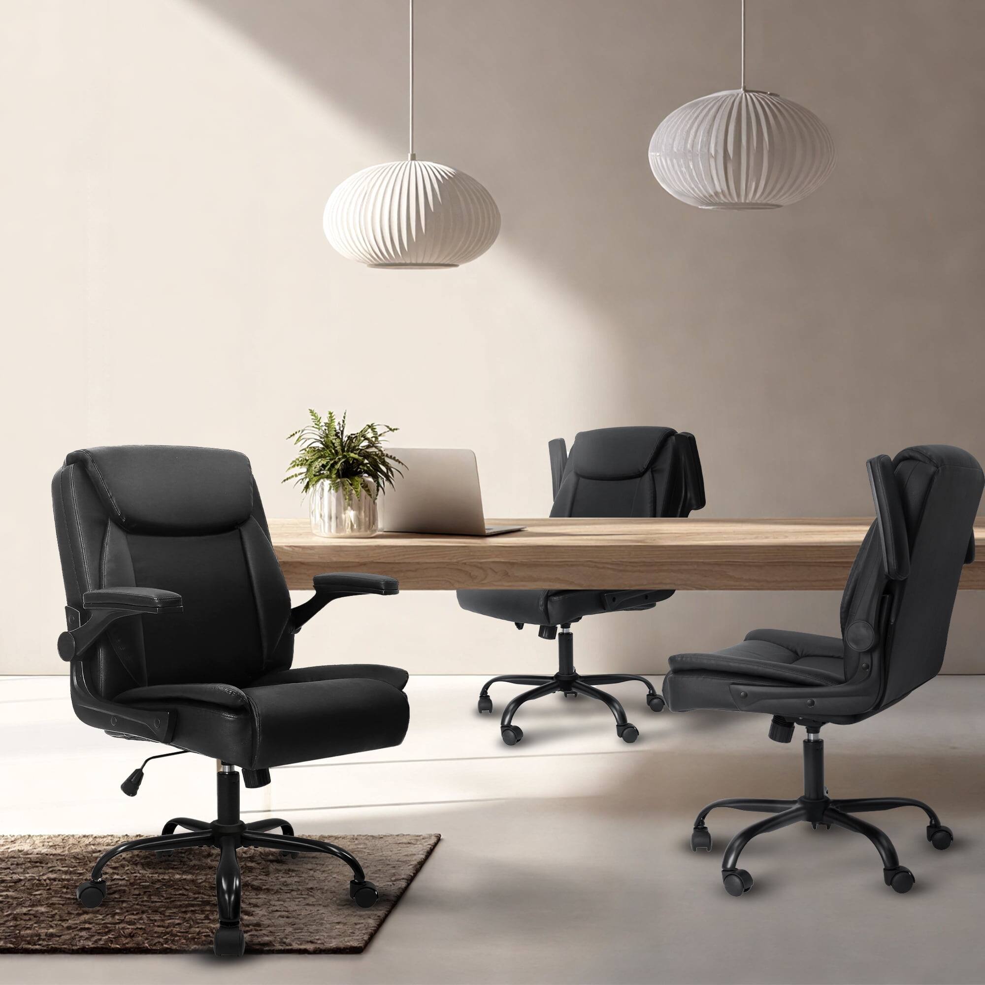 Alt View 1. Neo Chair - Leather Office Chair, Ergonomic Mid-Back Computer Chair with Flip-Up Armrests, Padded Cushion & Swivel Wheels - 1. Jet Black.