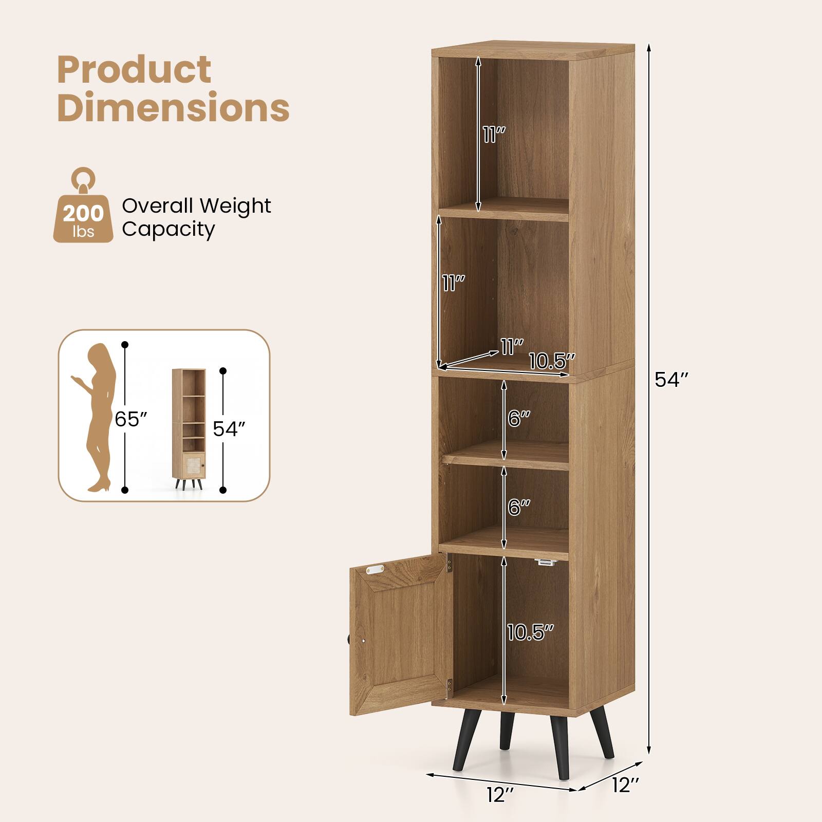 Product Dimensions

- Overall Weight Capacity: 200 lbs
- Height: 65"
- Width: 54"
- Depth: 12"
- Shelf Dimensions:
  - Top Shelf: 11" x 10.5"
  - Middle Shelf: 11" x 10.5"
  - Bottom Shelf: 11" x 10.5"
- Drawer Dimensions: 6" x 12"