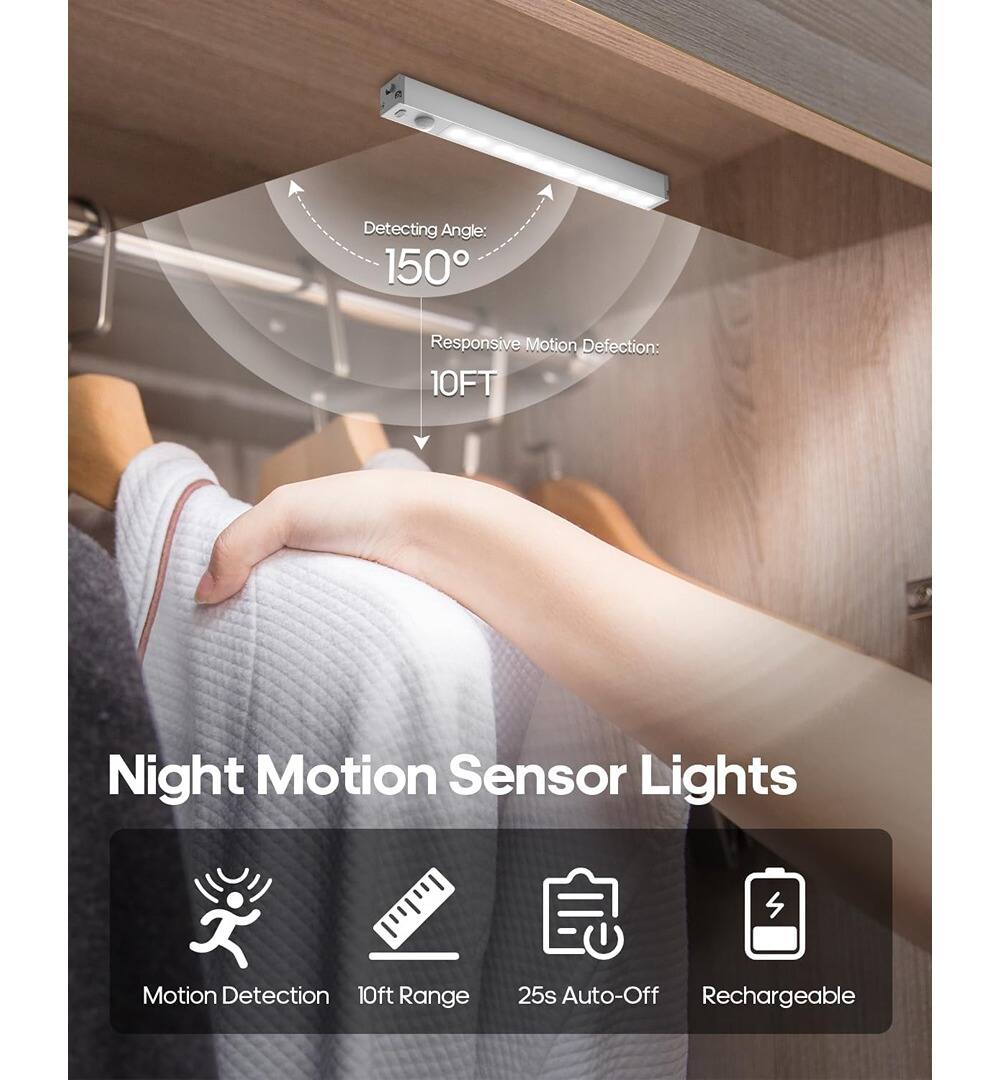 Detecting Angle: 150°  
Responsive Motion Detection: 10FT  

Night Motion Sensor Lights  

- Motion Detection  
- 10ft Range  
- 25s Auto-Off  
- Rechargeable