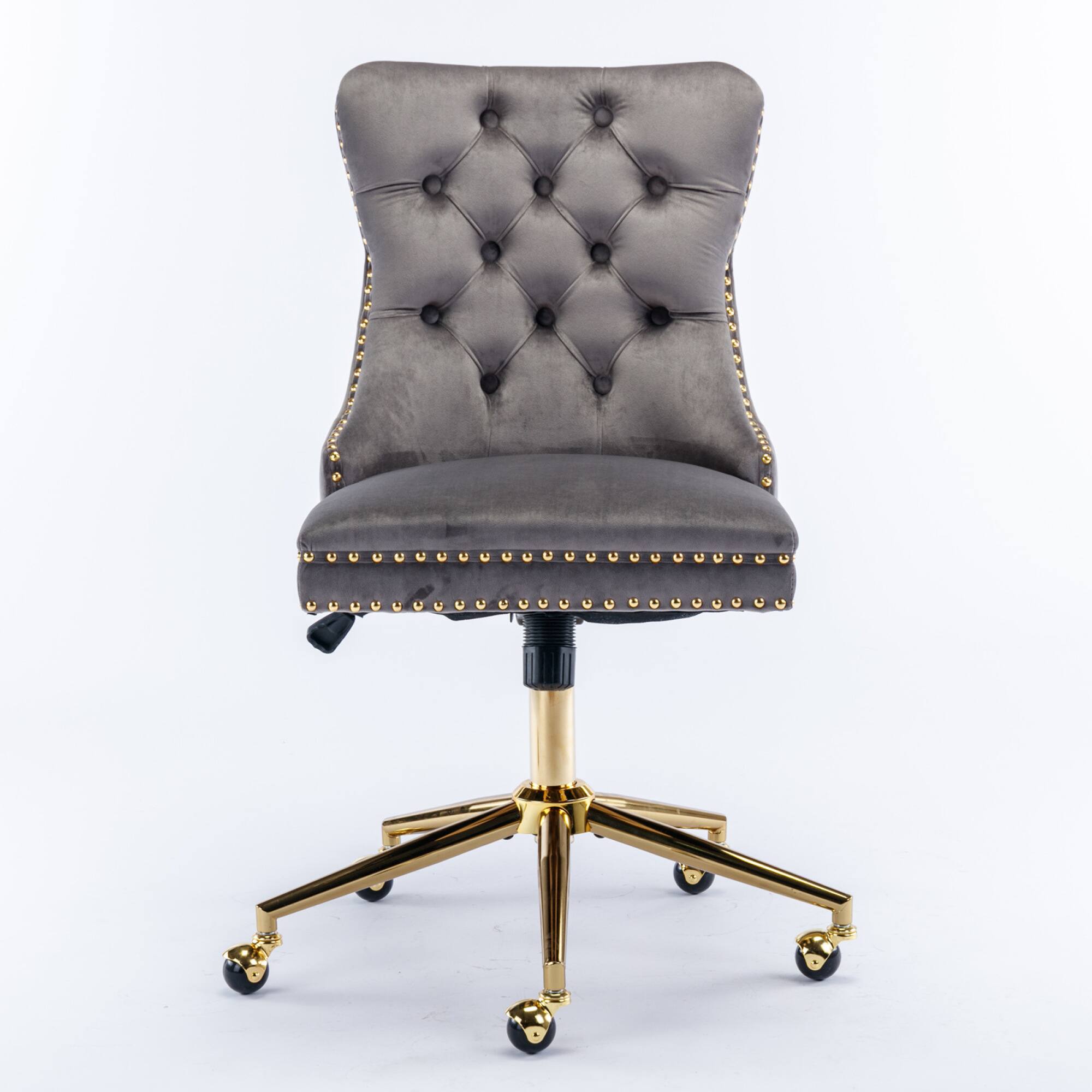 Left. GOODSILO - Modern Velvet Upholstered Office Chair with Tufted Button Design and Golden Metal Base for Home Workspace - Gray.