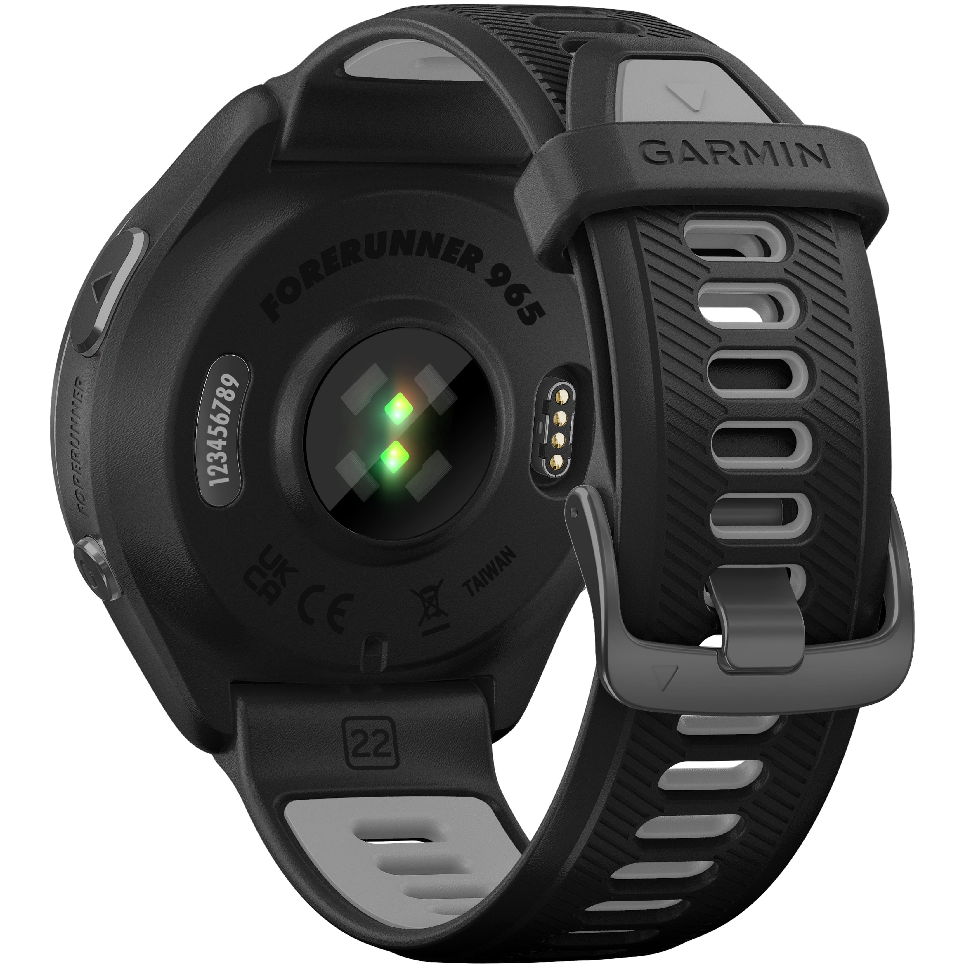 The text on the image reads "Forerunner 965 123456789 CE U Taiwan Garmin."
