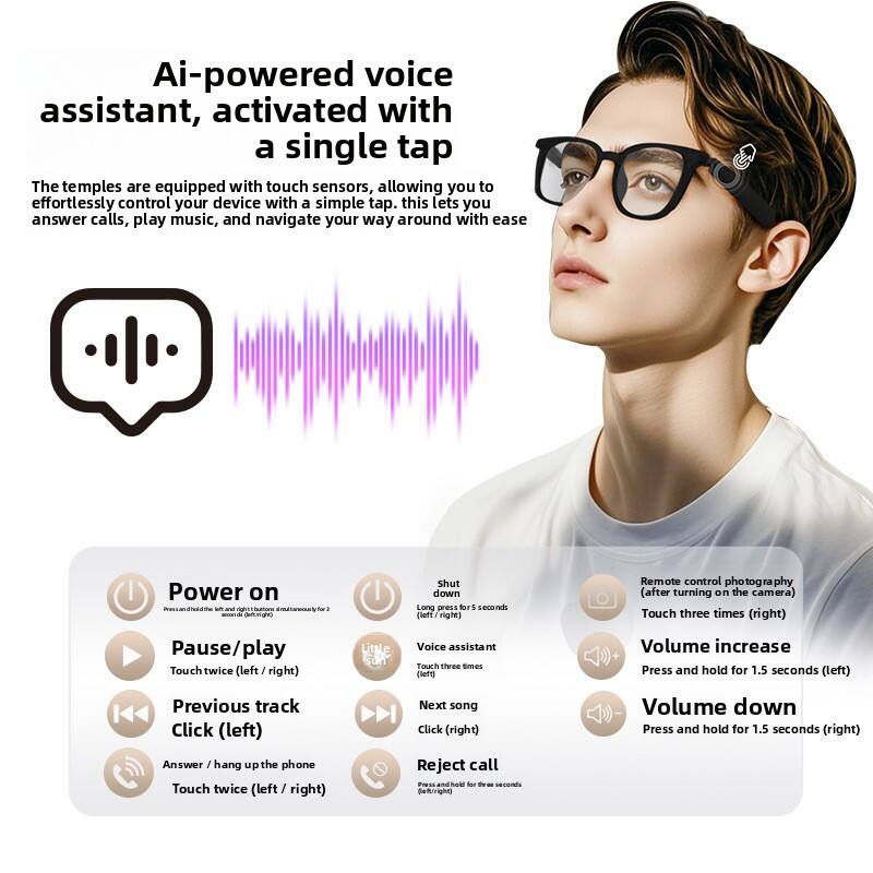 Ai-powered voice assistant, activated with a single tap

The temples are equipped with touch sensors, allowing you to effortlessly control your device with a simple tap. This lets you answer calls, play music, and navigate your way around with ease.

- Power on
  - Press and hold the left and right temples simultaneously for 3 seconds (left / right)

- Shut down
  - Long press for 5 seconds (right)

- Remote control photography
  - (after turning on the camera)
  - Touch three times (right)

- Pause/play
  - Touch twice (left / right)

- Voice assistant
  - Touch three times (left)

- Volume increase
  - Press and hold for 1.5 seconds (left)

- Previous track
  - Click (left)

- Next song
  - Click (right)

- Volume down
  - Press and hold for 1.5 seconds (right)

- Answer / hang up the phone
  - Touch twice (left / right)

- Reject call
  - Press and hold for 2 seconds (left)