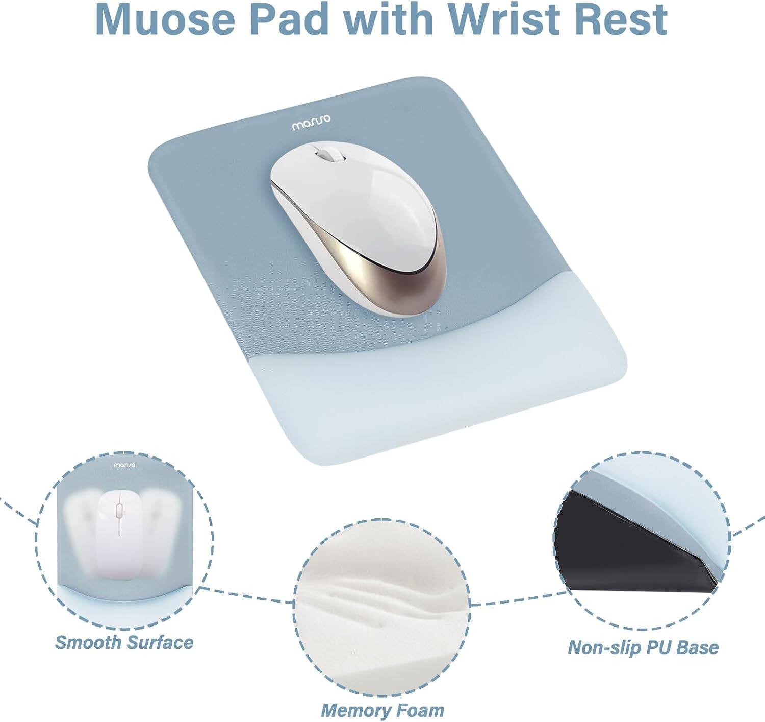 Muose Pad with Wrist Rest  
manso moro  
Smooth Surface  
Non-slip PU Base  
Memory Foam