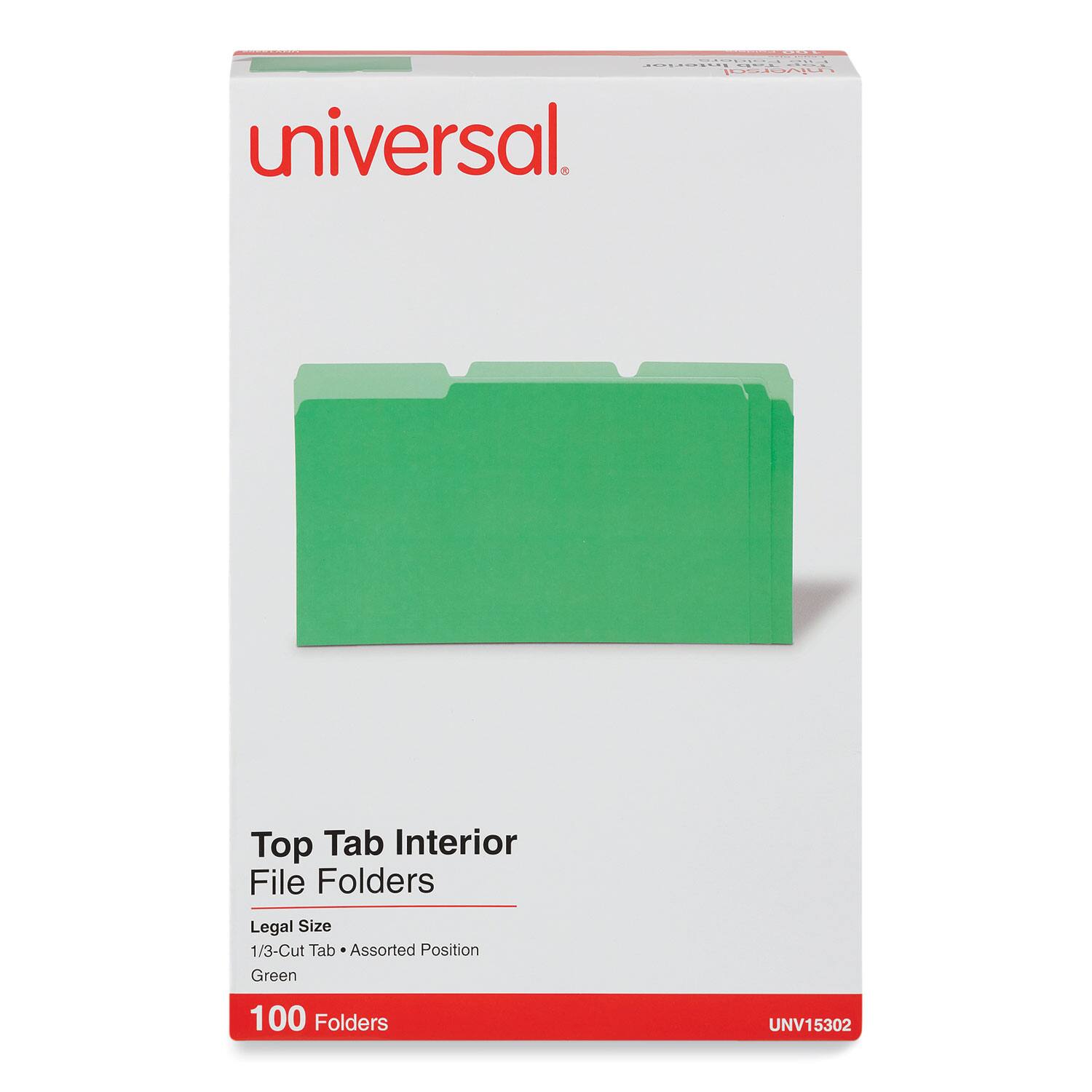 Universal  
Top Tab Interior File Folders  
Legal Size  
1/3-Cut Tab • Assorted Position  
Green  
100 Folders  
UNV15302