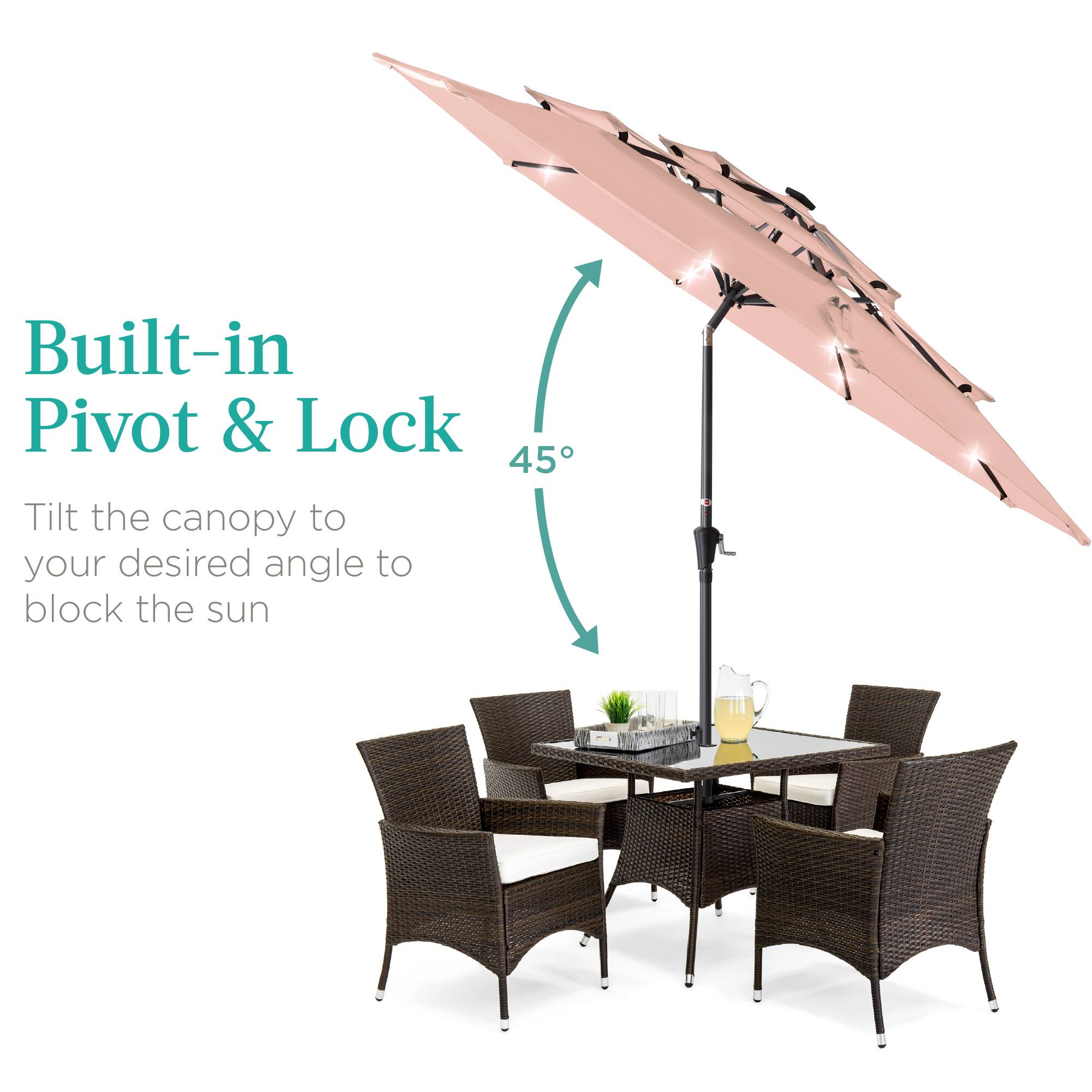 Built-in Pivot & Lock

45°

Tilt the canopy to your desired angle to block the sun