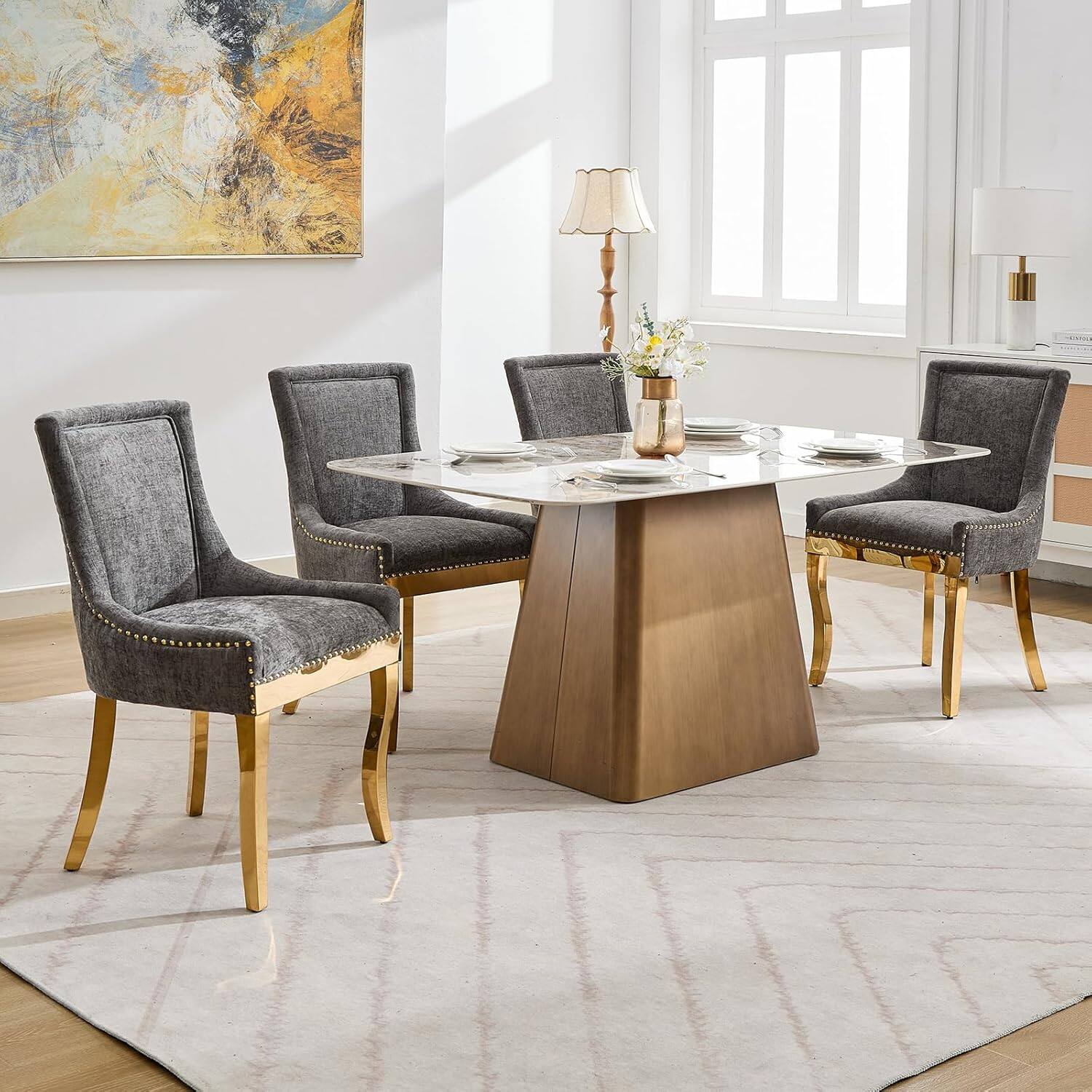 Alt View 1. Trinkets Crazed - Chenille Fabric Upholstered Side Chairs Set of 2, Solid Wood Kitchen Dining Room Chairs with Nailheads Solid Wood Legs - gray+gold.