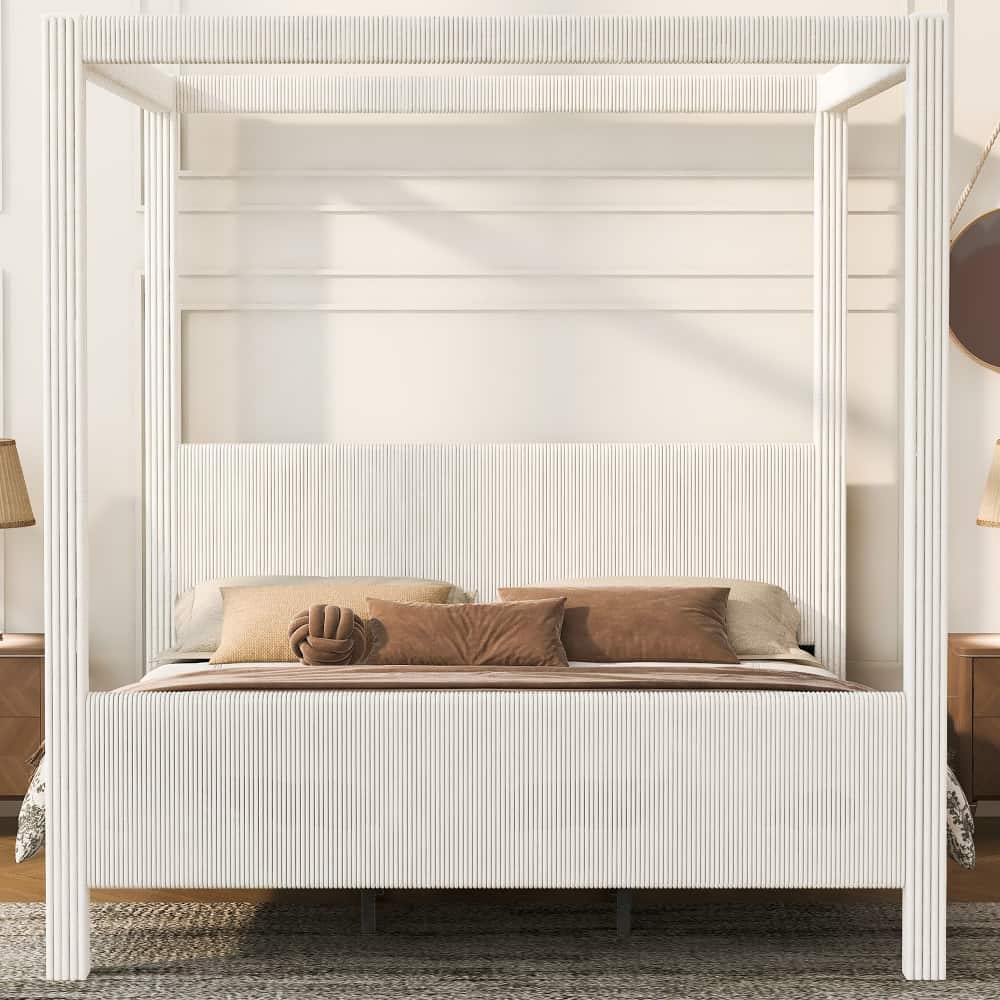Loheer - King Size Canopy Bed Upholstered Platform Bed Corduroy - Beige price history on PriceWatchPro