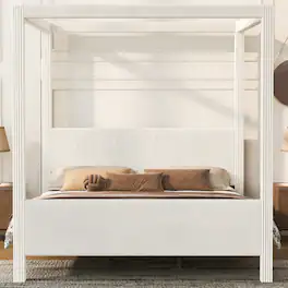 Loheer - King Size Canopy Bed Upholstered Platform Bed Corduroy - Beige