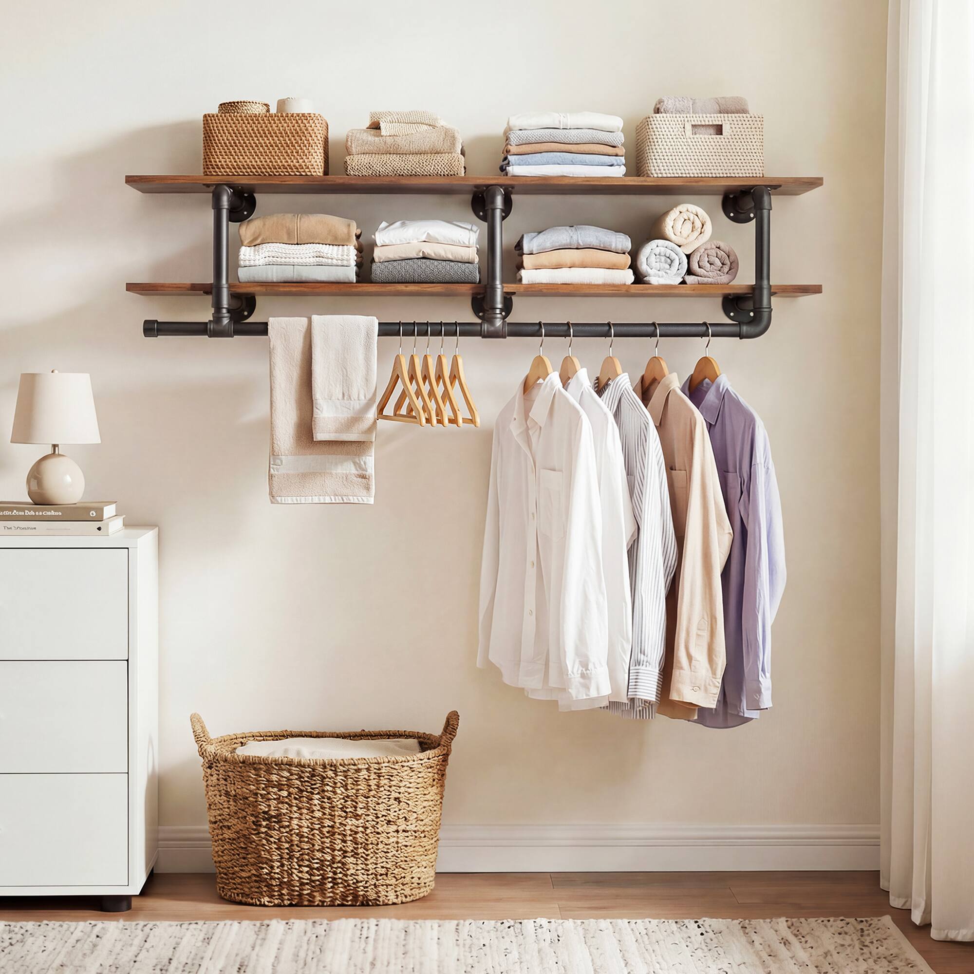 Front. Aheaplus - 47.2'' Wide Wall Mounted Pipe Clothing Rack with Shelves, 150 LBS Capacity, Easy Assembly - Brown.