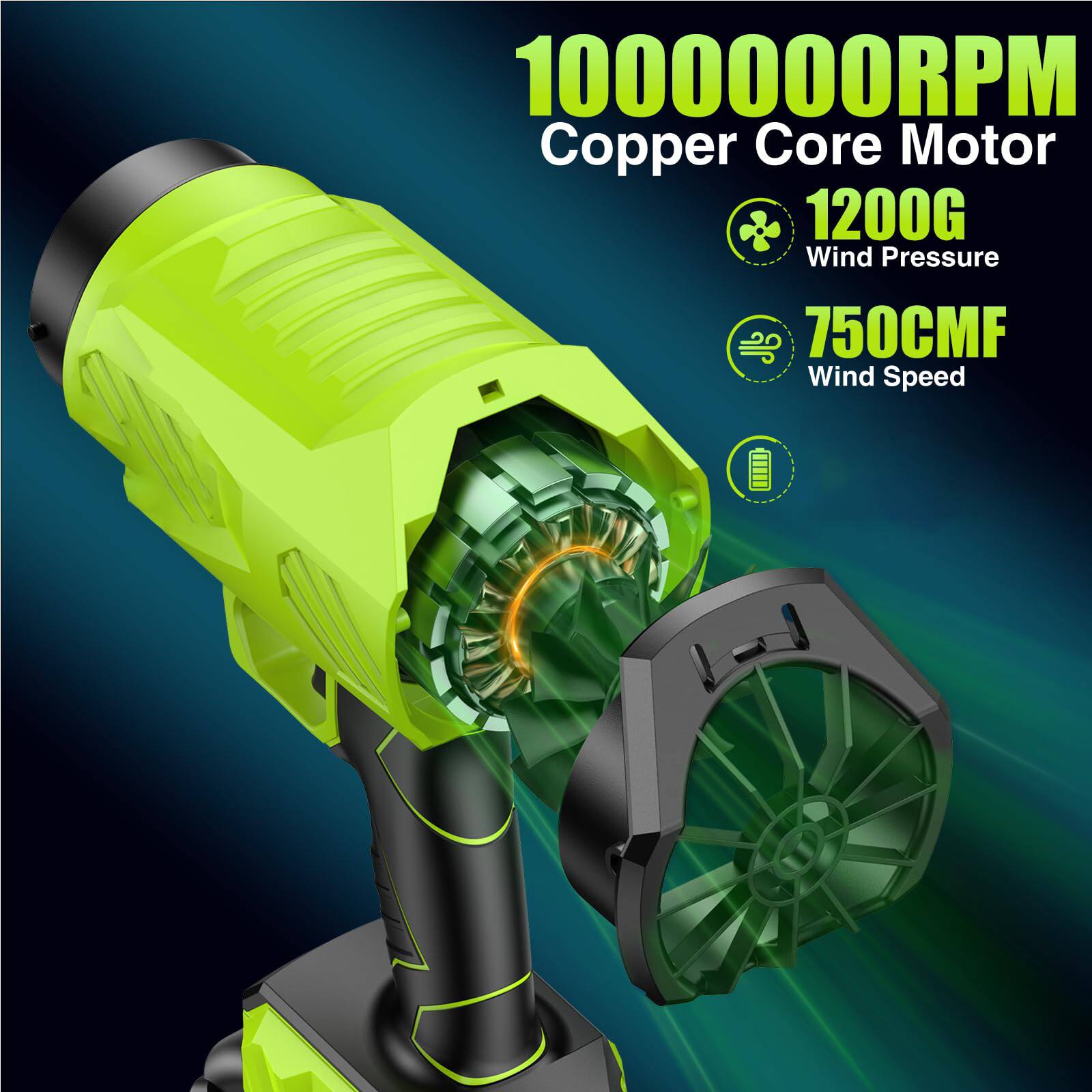 1000000RPM Copper Core Motor  
1200G Wind Pressure  
750CMF Wind Speed