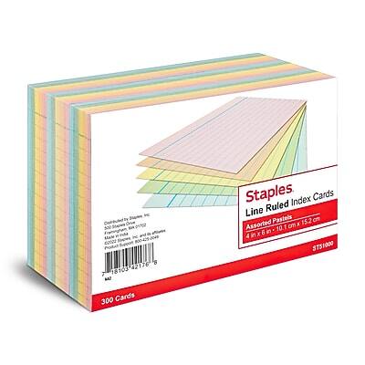 Staples  
Line Ruled Index Cards  
Assorted Pastel  
4" x 6" (10.1 cm x 15.2 cm)  
300 Cards  
ST51000  

By 500 MA 0 Sale 800-425-0049  
C2O 8 42176 7 18103