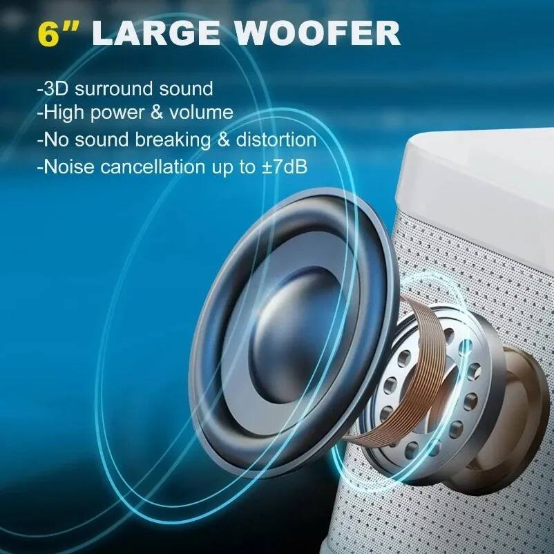 6" LARGE WOOFER

- 3D surround sound
- High power & volume
- No sound breaking & distortion
- Noise cancellation up to ±7dB