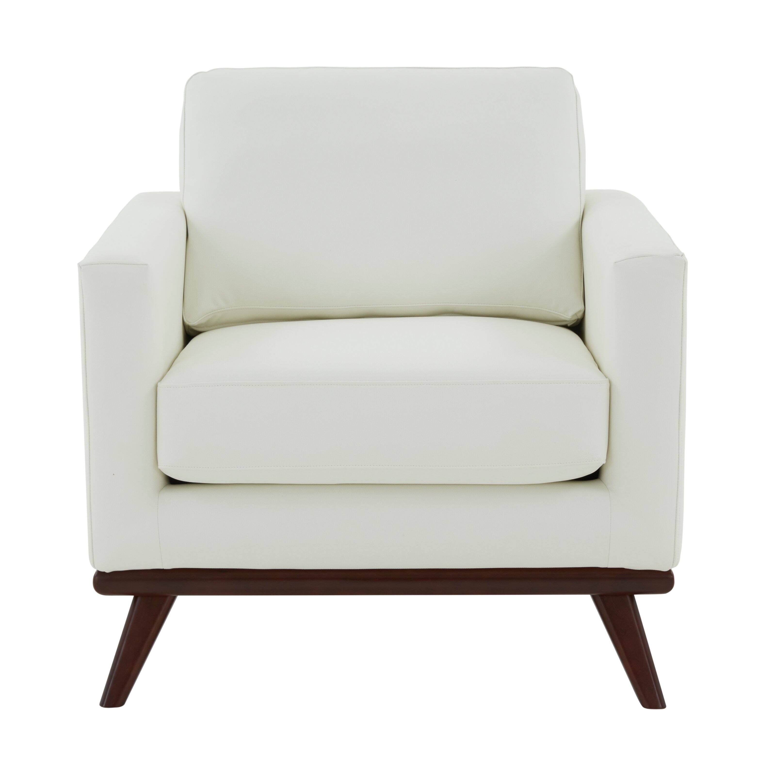 Left. LeisureMod - Chester Mid-Century Modern Leather Accent Chair, Birch Wood Frame Armchair - Easy Assembly - White.