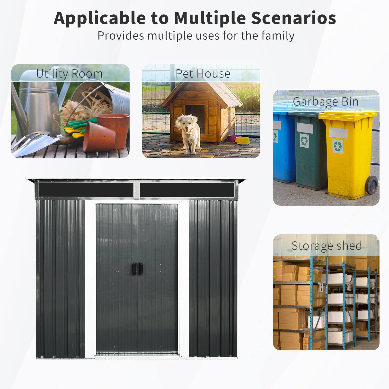 Applicable to Multiple Scenarios  
Provides multiple uses for the family  

- Utility Room  
- Pet House  
- Garbage Bin  
- Storage shed