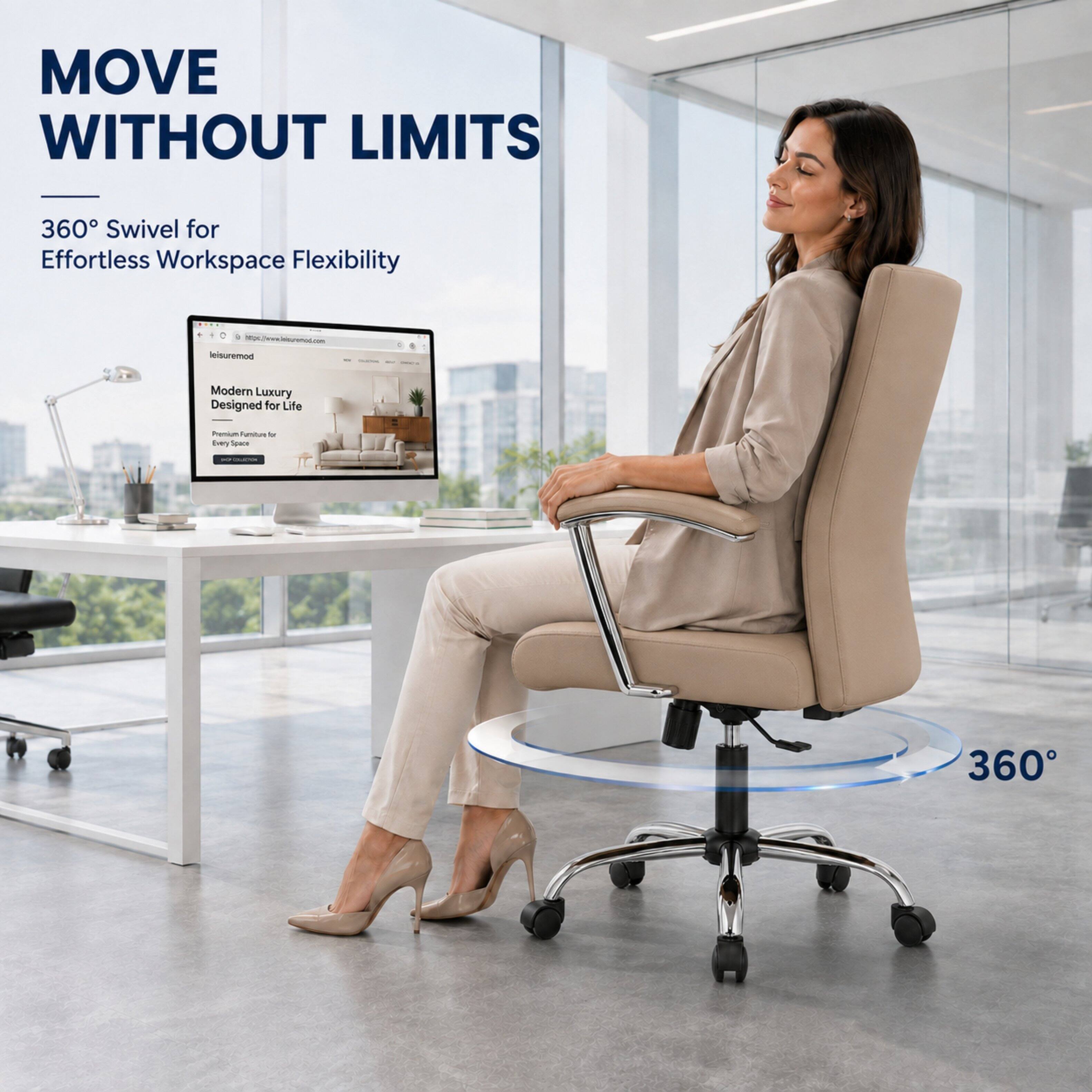 MOVE WITHOUT LIMITS  
360° Swivel for Effortless Workspace Flexibility  
https://www.leisuremod.com leisuremod  
Modern Luxury Designed for Life  
Premium Furniture for Every Space  
CHAMPION  
360°