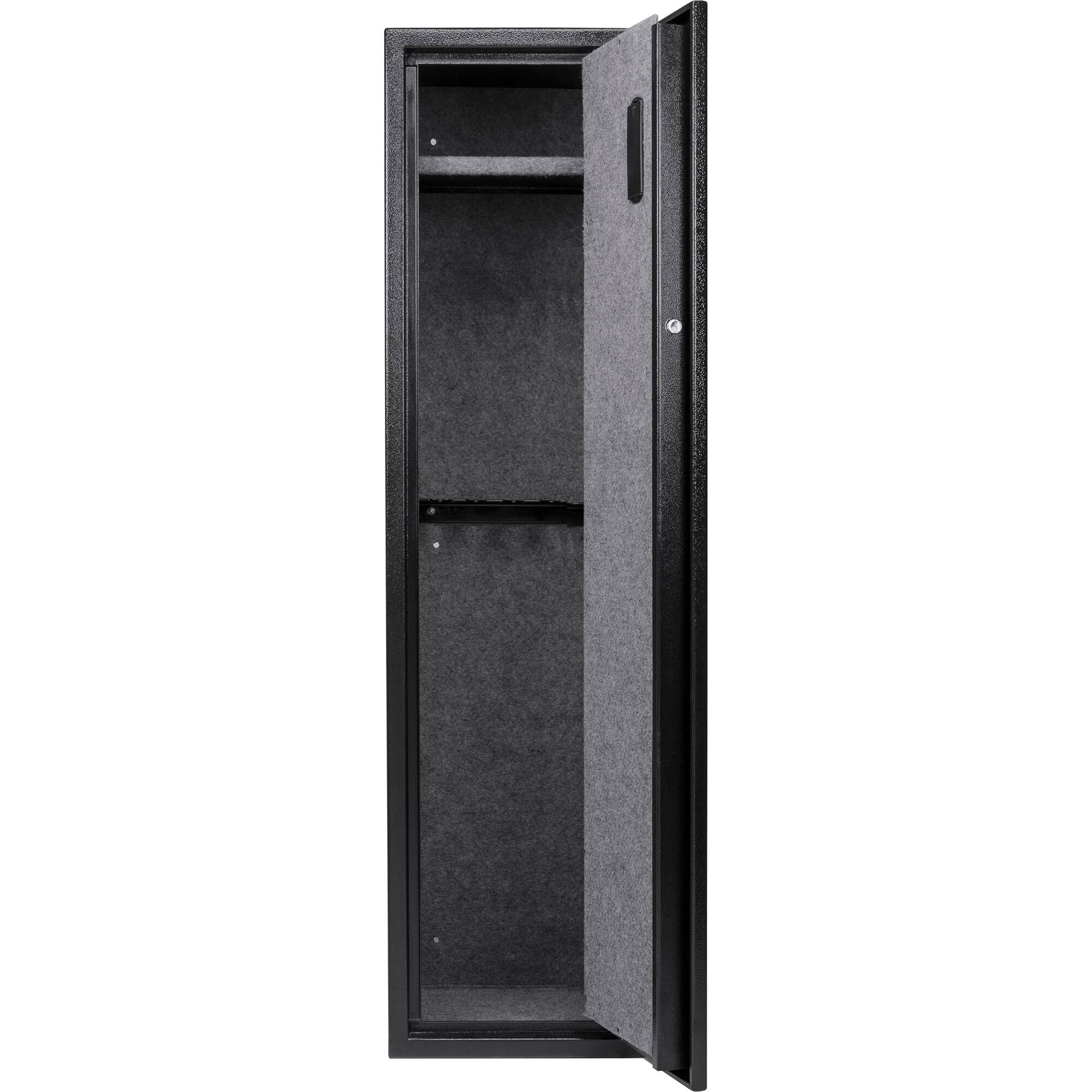 Left. Barska - 4.33 Cu Ft Digital Rifle Safe- with Keypad Lock, 11-Position Rack, Handgun Rack, Removable Shelves, Silent Mode - Black.