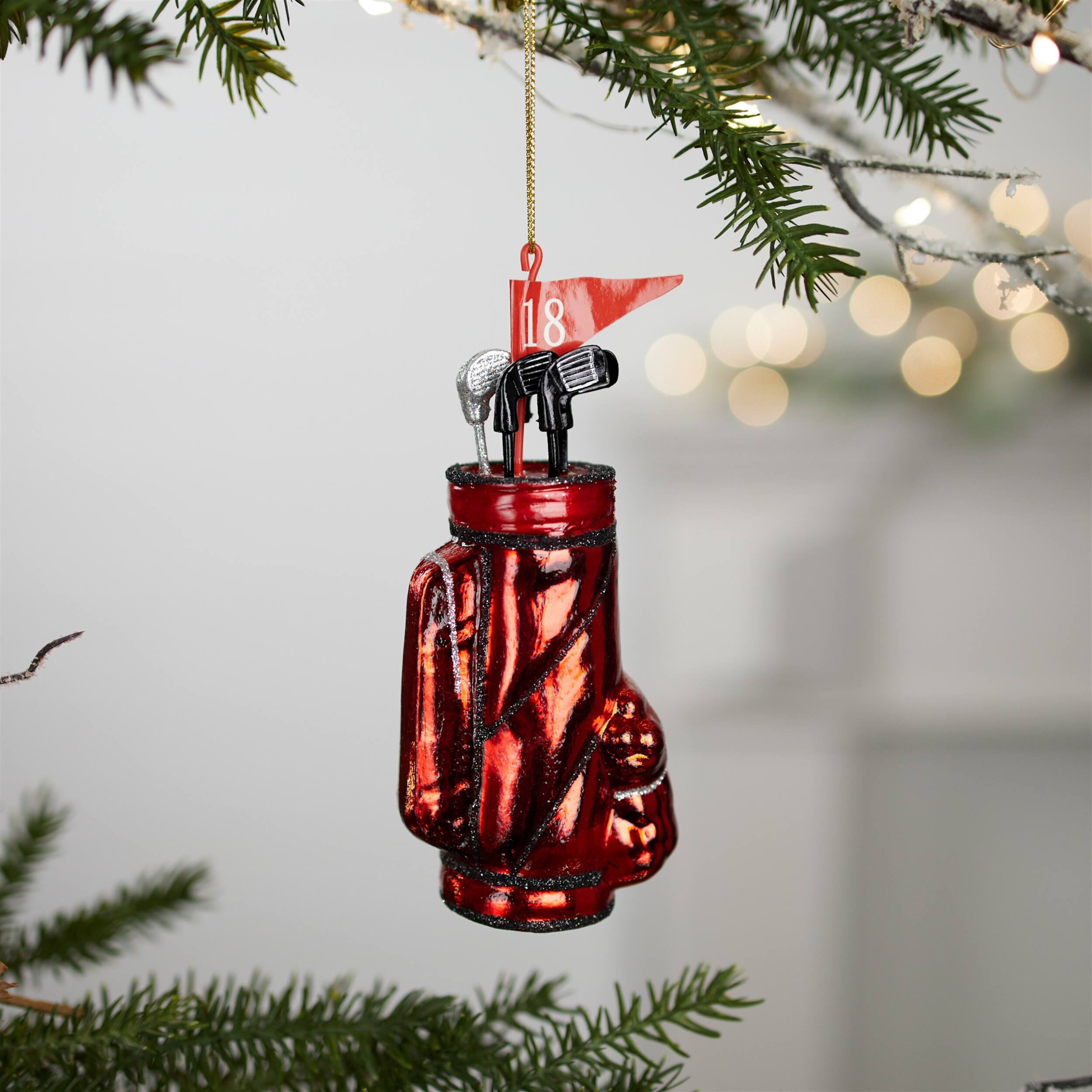 Angle. BreeBe - Glass Golf Bag Ornament (Set of 12) - Red, Black.