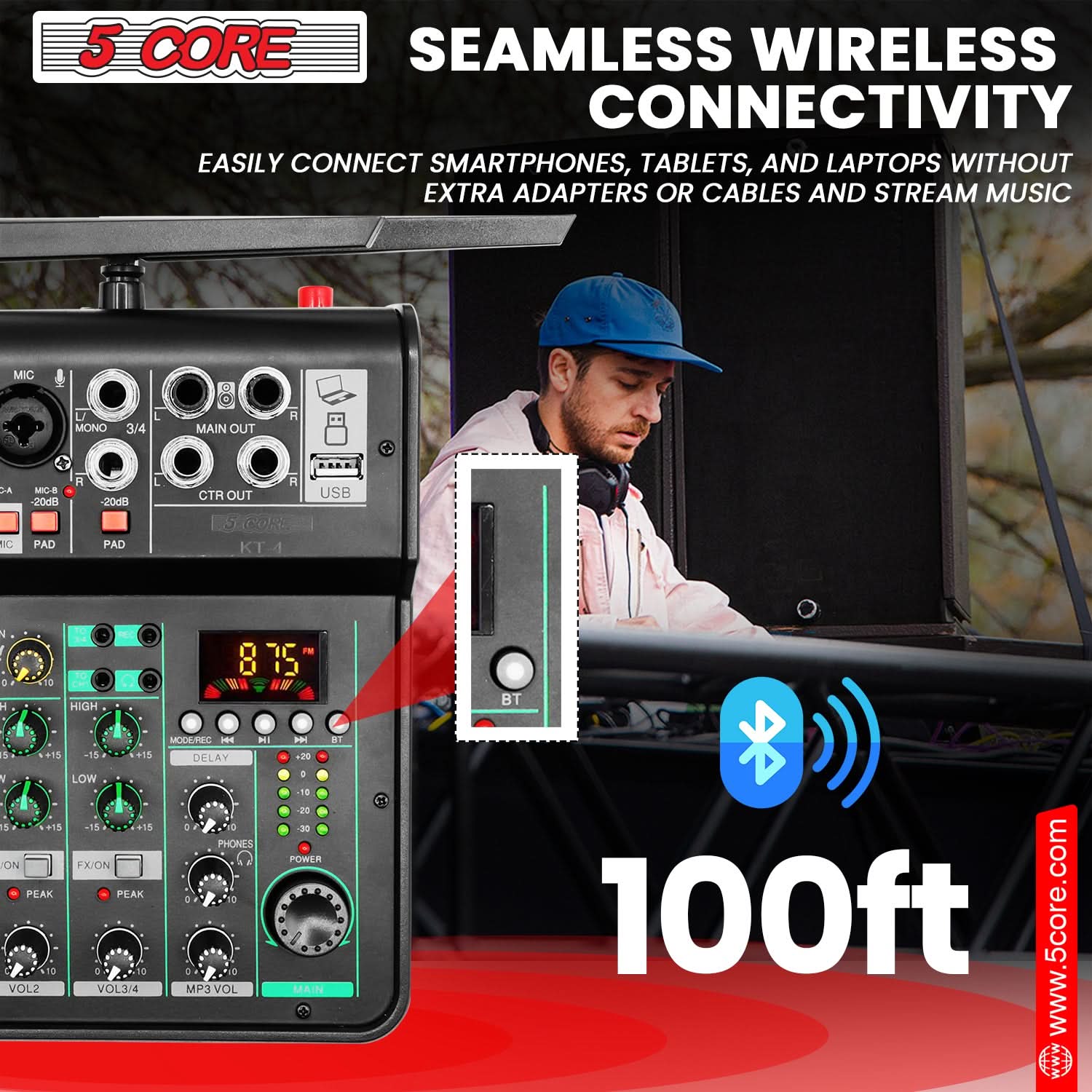 5 CORE  
SEAMLESS WIRELESS CONNECTIVITY  
EASILY CONNECT SMARTPHONES, TABLETS, AND LAPTOPS WITHOUT EXTRA ADAPTERS OR CABLES AND STREAM MUSIC  

MIC MONO 3/4 MAIN OUT R DA C MIC-S -20d1 PAD F -20dl PAD R CTR OUT S.COR USB 1 PEY . TO 19 + HIGH 5 *+15 15 +55 1 LOW +15 -15 15 ON FX/ON PEAK PEAK 2 4 10 VOL2 VOL3/4 7C a 8 NW MOERED s D a DELAY 20 : 18 20 C 0 PHONES POWER a 10 . C ND MP3 VOL MAIN 1 BT 100ft www.5core.com  

100ft  
www.5core.com