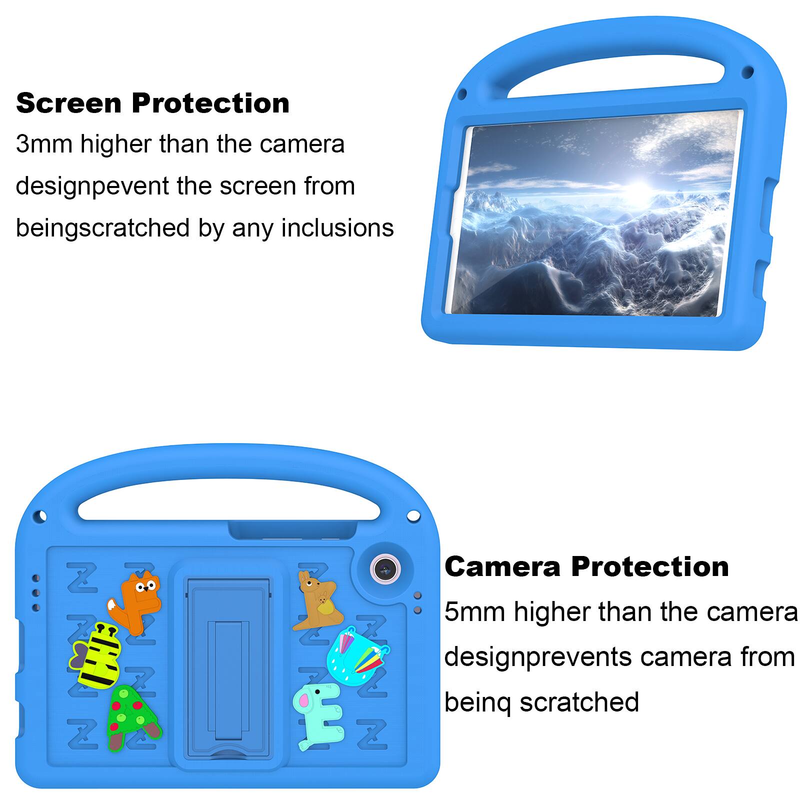 Screen Protection  
3mm higher than the camera design prevents the screen from being scratched by any inclusions

Camera Protection  
5mm higher than the camera design prevents camera from being scratched