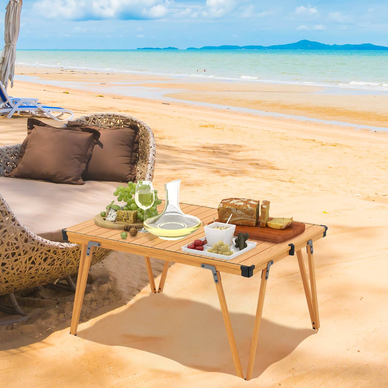 Left. Costway - Folding Camping Table w/ Storage Bag and Waterproof Desktop Aluminum Structure - Brown.