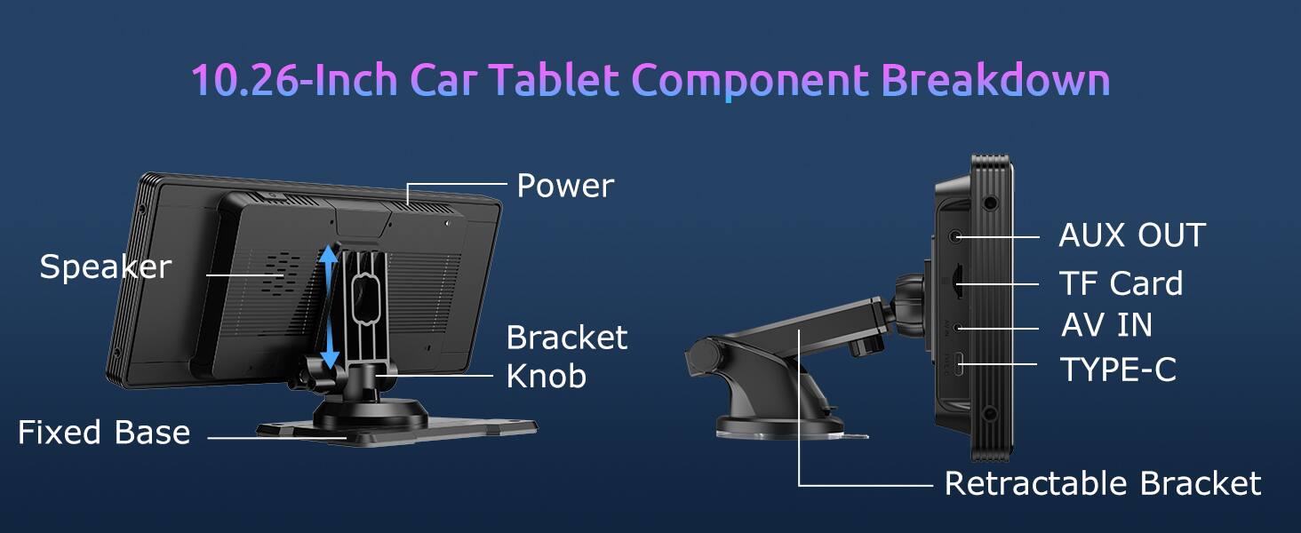 10.26-Inch Car Tablet Component Breakdown

- Speaker
- Power
- Bracket Knob
- Fixed Base
- Retractable Bracket
- AUX OUT
- TF Card
- AV IN
- TYPE-C