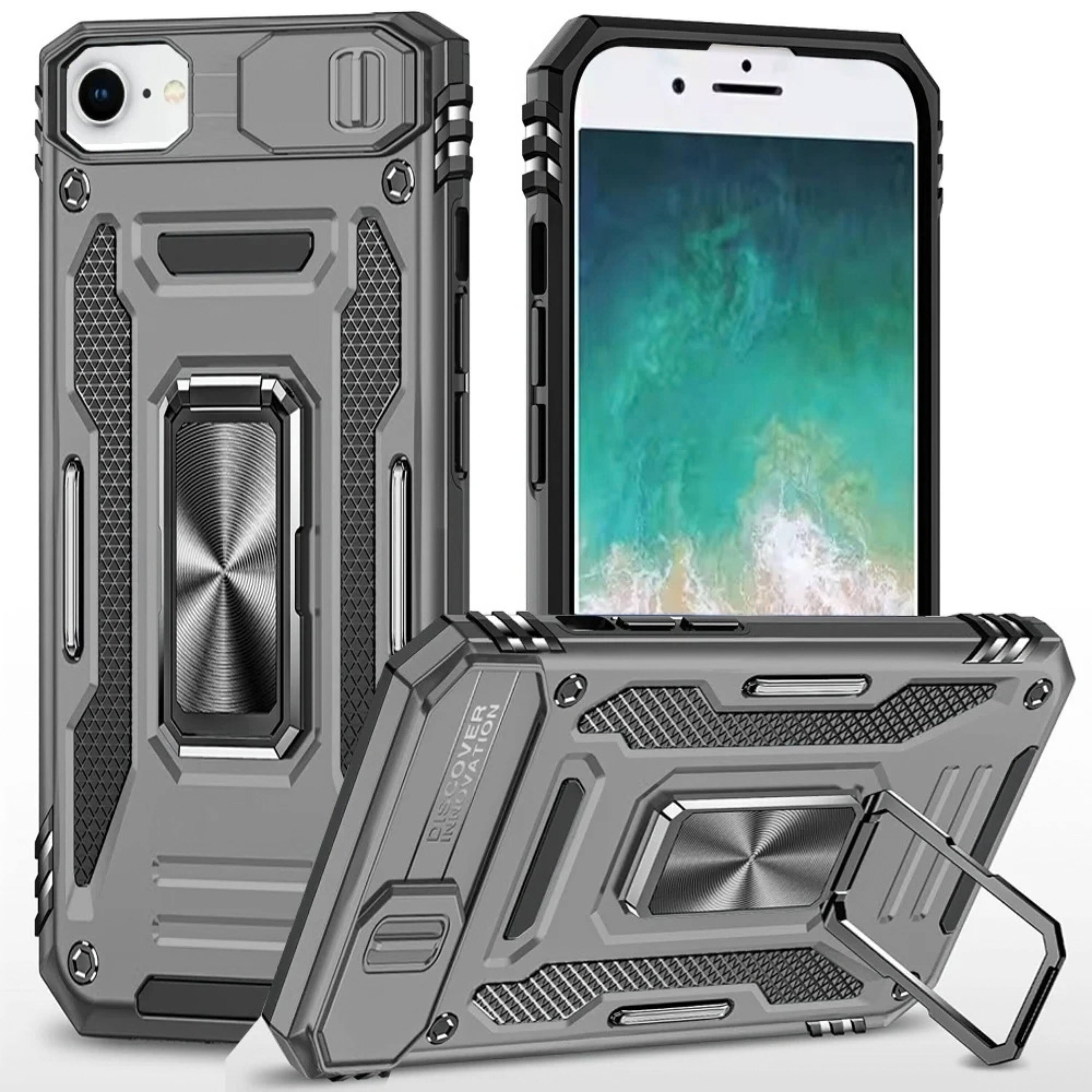 Front. Kitcheniva - Sliding Lens Cover Ring Stand Phone Case With Tempered Glass For iPhone 16e 17e Grey - Gray.