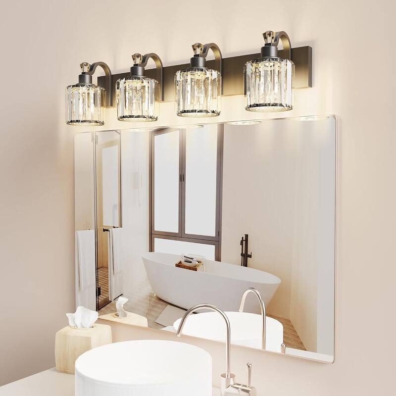 Alt View 2. Qeetex - 4 lamp Light Black Modern Crystal Table Lamp Mirror Headlight, Round Lampshade, Suitable for Bathroom.