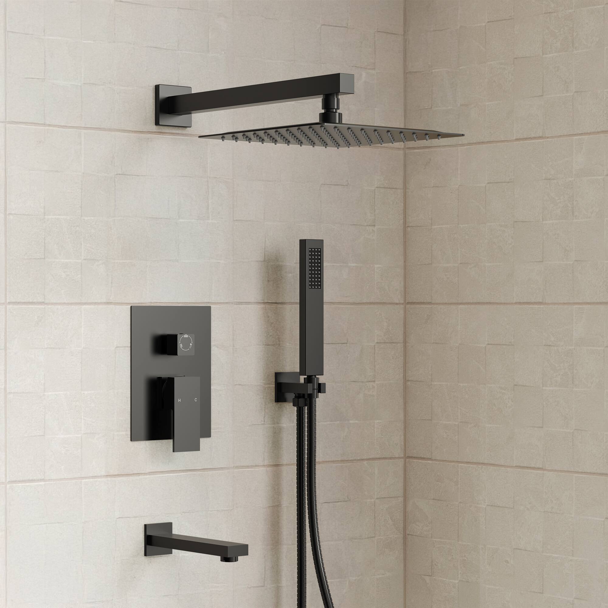 Angle. GRANDJOY - Wall Mounted 3‑Function Shower System Set with 10" Rain Shower Head, Handheld Shower and Diverter Tub Spout - Matte Black.