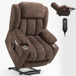LUCKY ONE - Chenille Power Lift Recliner Chair with Massage and Heat, USB and Type C Ports, 2 Steel Cup Holders for Elderly - Brown
