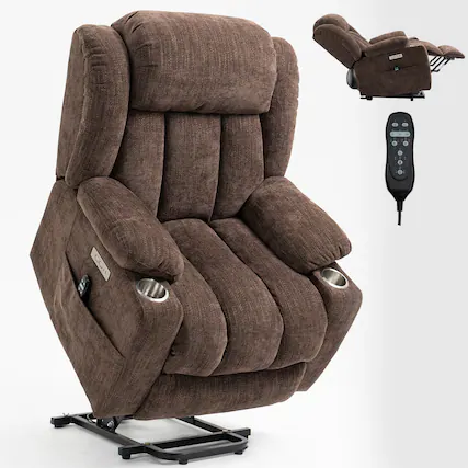 Front. LUCKY ONE - Chenille Power Lift Recliner Chair with Massage and Heat, USB and Type C Ports, 2 Steel Cup Holders for Elderly - Brown.