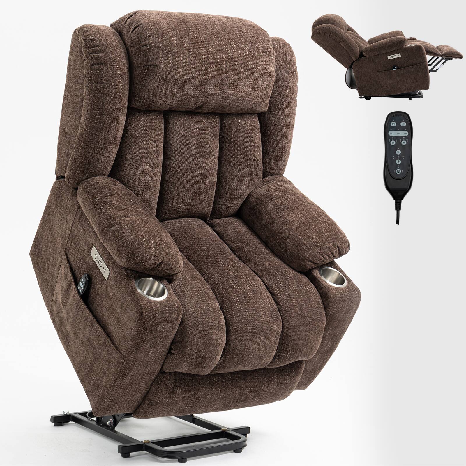 Front. LUCKY ONE - Chenille Power Lift Recliner Chair with Massage and Heat, USB and Type C Ports, 2 Steel Cup Holders for Elderly - Brown.
