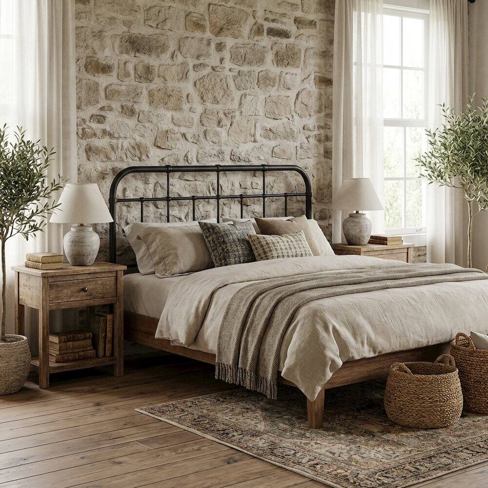 Angle. FurniFact - Metal Full Headboard with Sleek Design and Durable Construction - Black.