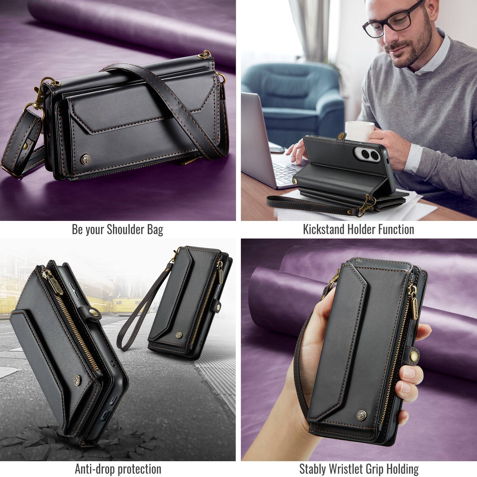 Be your Shoulder Bag  
Kickstand Holder Function  
Anti-drop protection  
Stably Wristlet Grip Holding