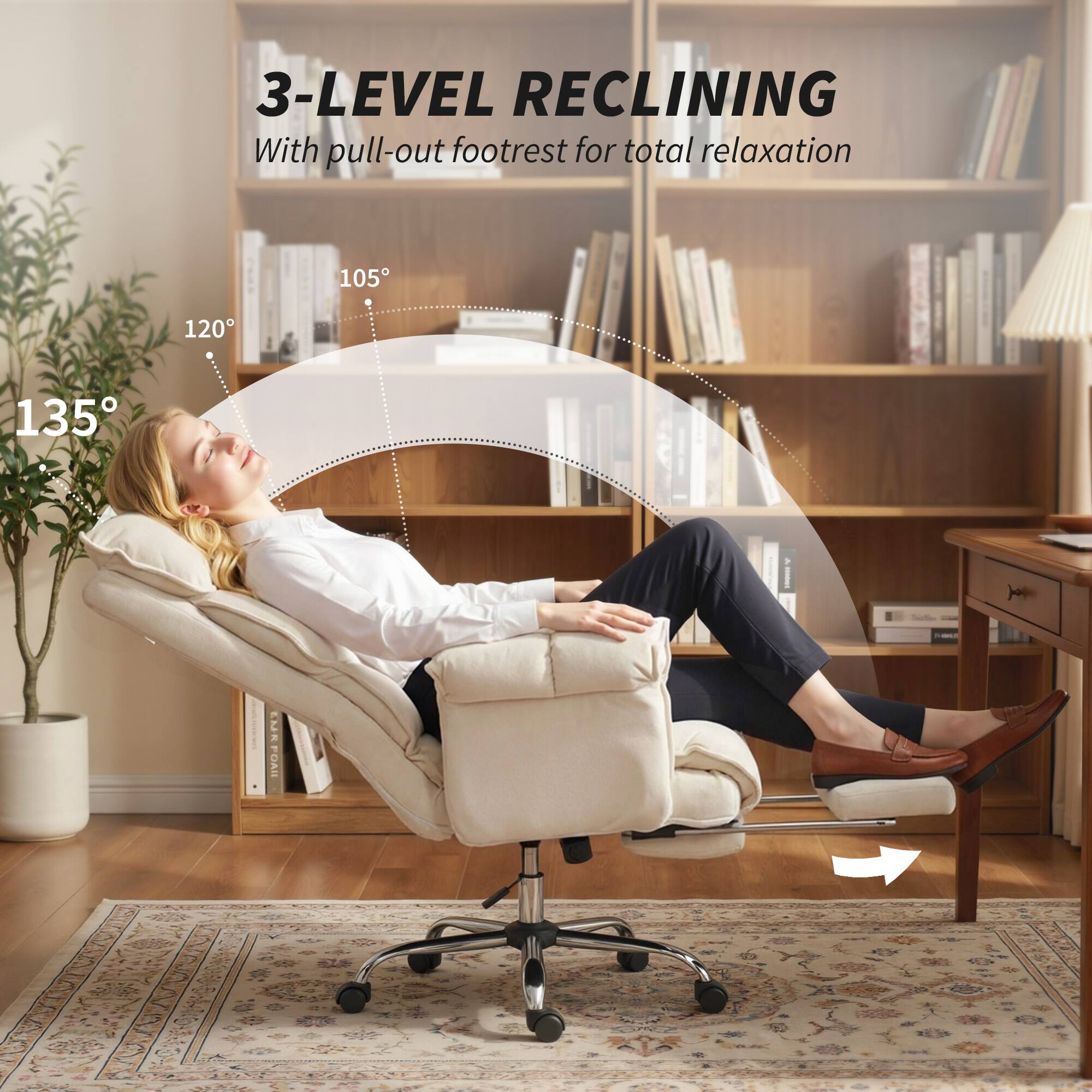 3-LEVEL RECLINING  
With pull-out footrest for total relaxation

105°  
120°  
135°