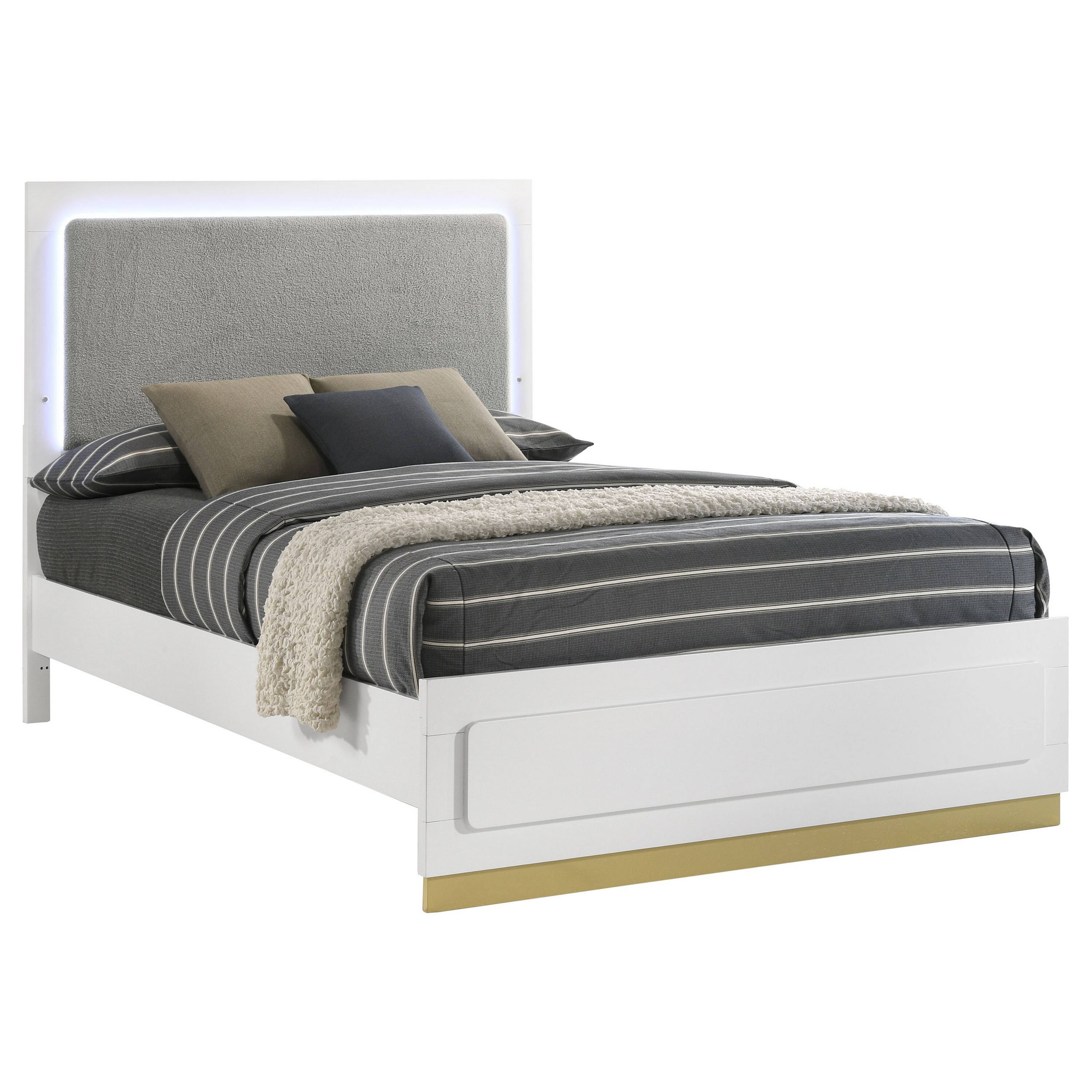 Alt View 1. Manhattan Lane - Caer Queen Size Bed, LED Panel Tall Headboard, Gray Upholstery, White Okume - White, Gray, Gold.