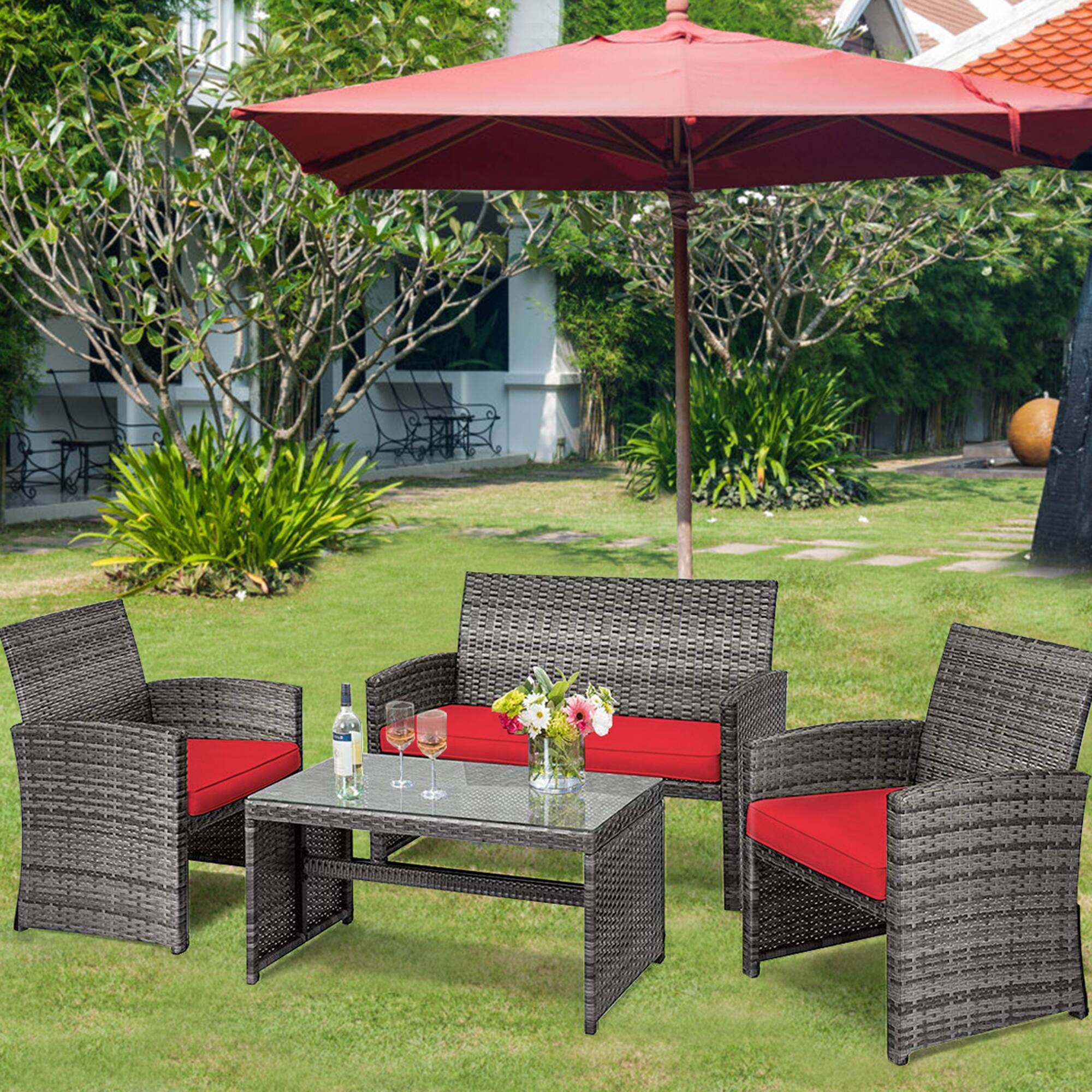 Alt View 3. Gymax - Gymax 4PCS Patio Outdoor Rattan Conversation Furniture Set w/ Red Cushion - Red.