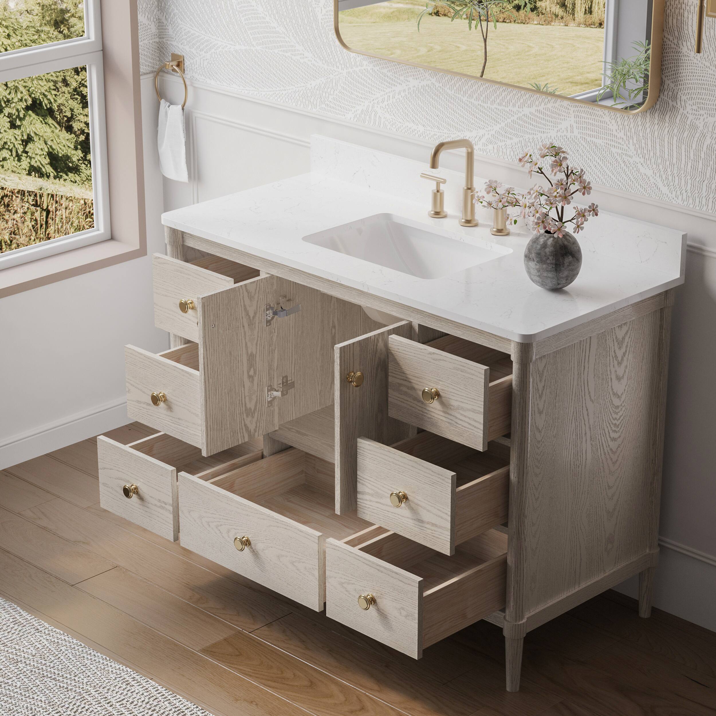 Left. WELLFOR - ETHAN 48 in. Solid Wood Bath Vanity with Quartz Top, Single Sink, Soft Close, Assembled - OAK.