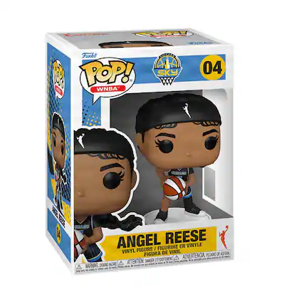 The text on the image is:
"Funko POP! WNBA 04 ANGEL REESE VINYL FIGURE / FIGURINE EN VINYLE / FIGURA DE VINIL"
"WARNING: CHOKING HAZARD - Small parts. Not for children under 3 years."
"ATTENTION: DANGER - Petites pièces. Ne convient pas aux enfants de moins de 3 ans."
"ADVERTENCIA: PELIGRO DE ASFIXIA - Piezas pequeñas. No es adecuado para niños menores de 3 años."