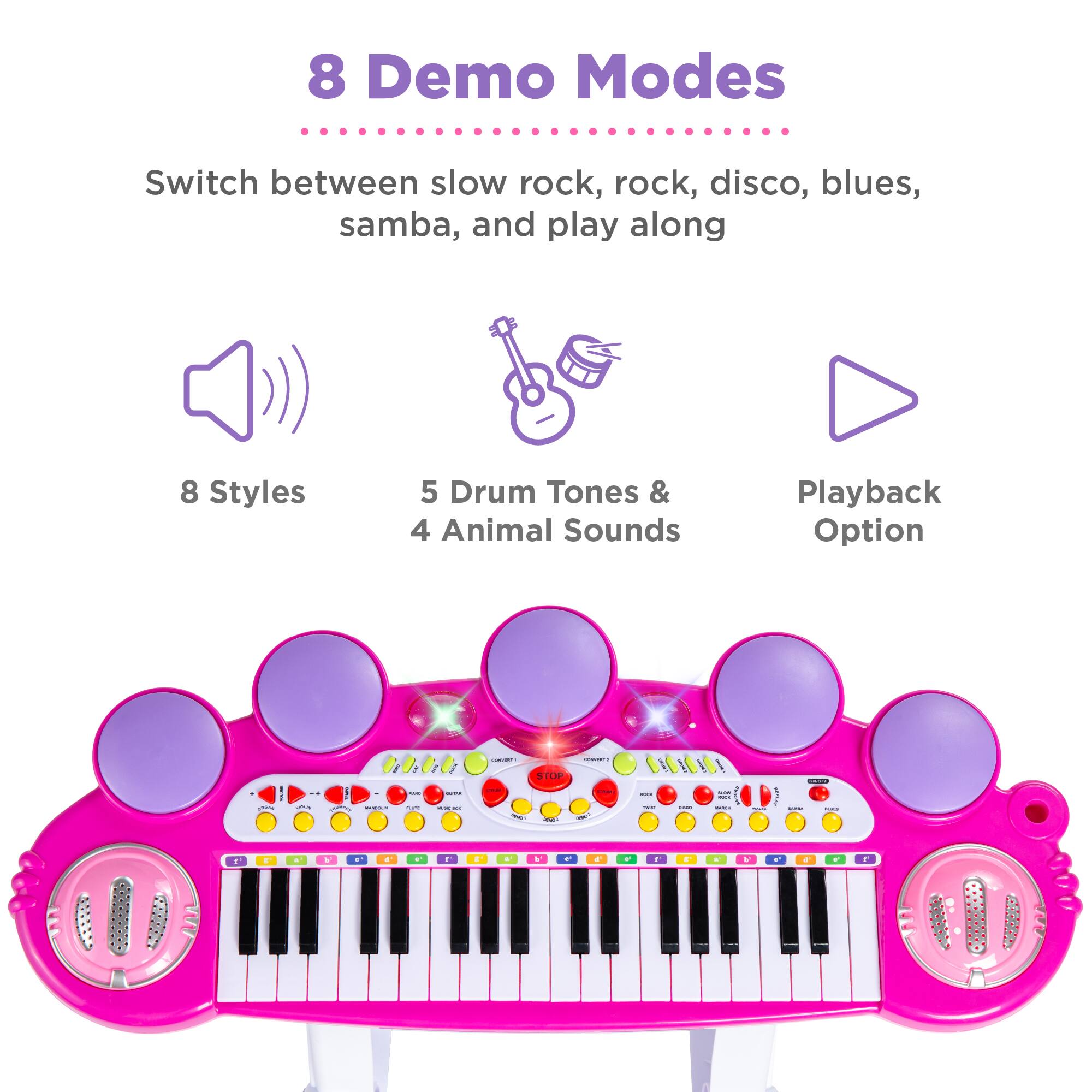 8 Demo Modes  
Switch between slow rock, rock, disco, blues, samba, and play along  

8 Styles  
5 Drum Tones & 4 Animal Sounds  
Playback Option