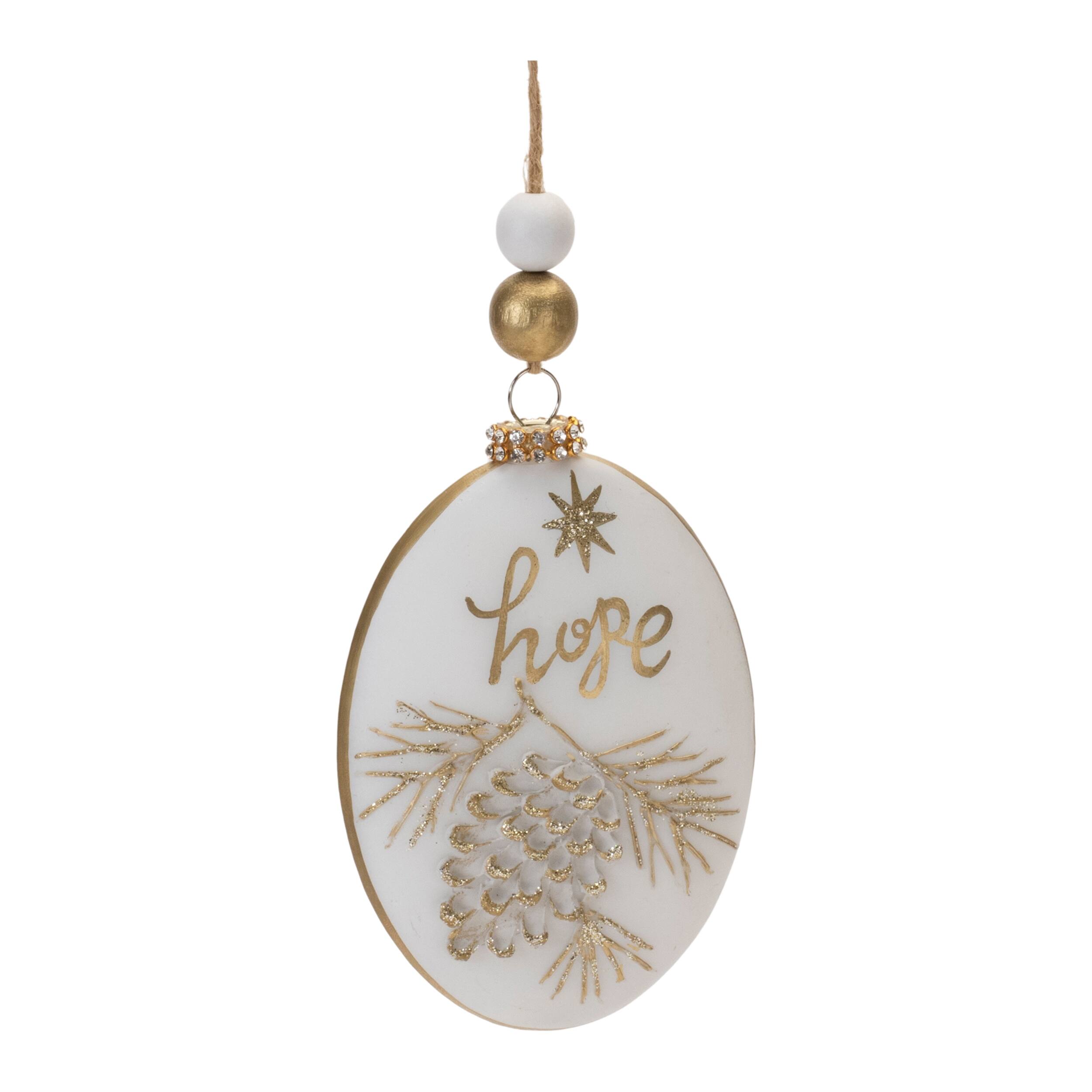 Left. BreeBe - Glittered Glass Hope and Joy Ornament with Wood Beads (Set of 12) - Gold, White.