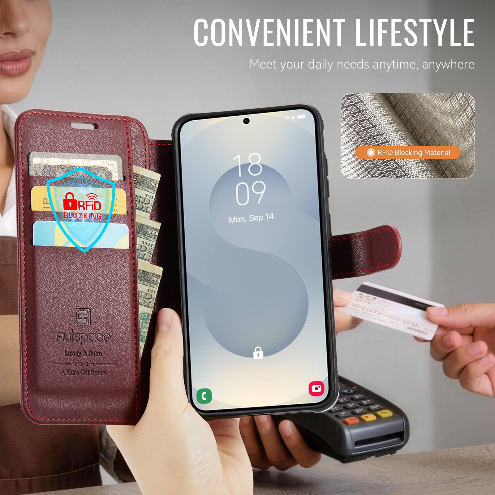 CONVENIENT LIFESTYLE  
Meet your daily needs anytime, anywhere

RFID BLOCKING  
RFID Blocking Material

Auispace  
Luxury & Retro  
A Extra Out Space