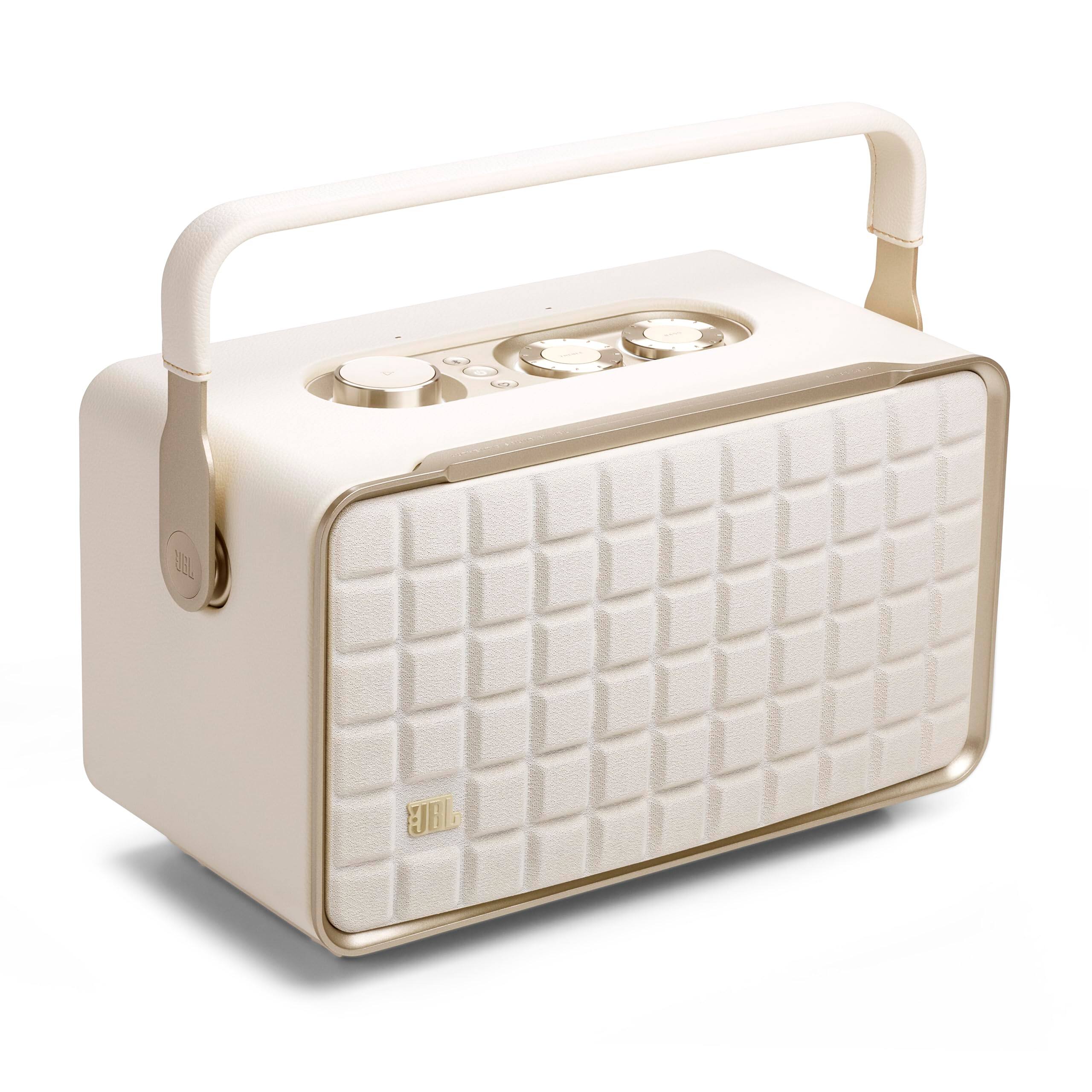 Front. JBL - JBL Authentics 300 - Retro Style Wireless Bluetooth/WiFi Home Speaker, Built in Battery (4800mAh), Music Streaming Servi - White.