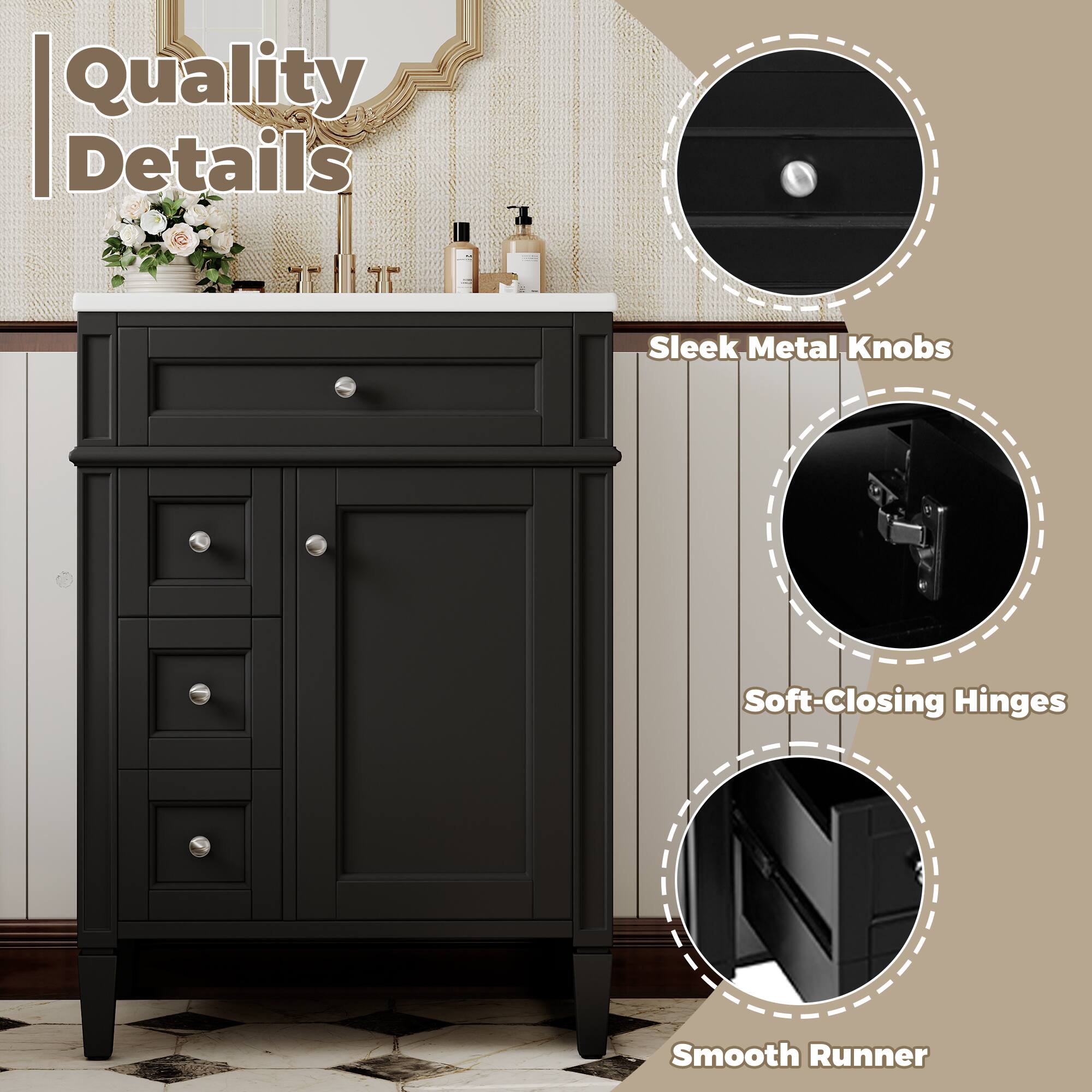 Quality Details  
Sleek Metal Knobs  
Soft-Closing Hinges  
Smooth Runner
