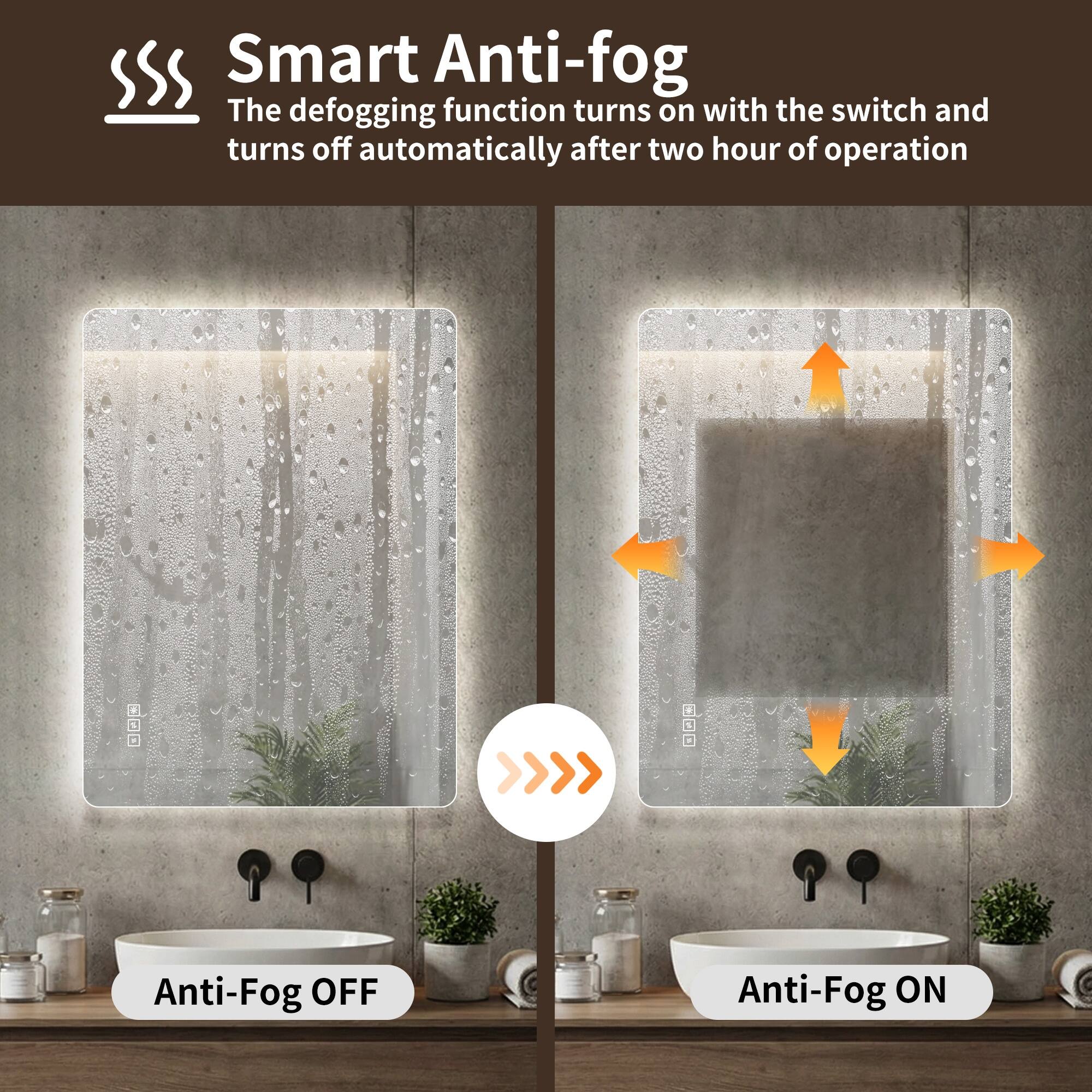 Smart Anti-fog  
The defogging function turns on with the switch and turns off automatically after two hours of operation.  

Anti-Fog OFF  
Anti-Fog ON