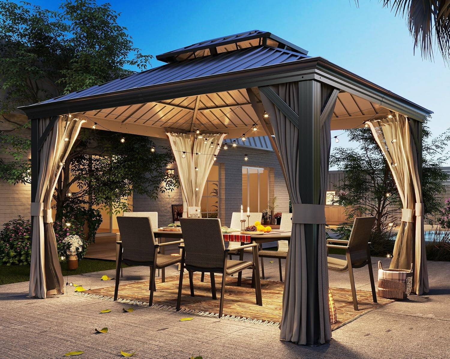 Angle. Yardgrace - Hardtop Gazebo Nettings Curtains Waterproof Permanent Heavy Duty Double Roof Aluminum Frame for Lawn Party - Grey 10x12.
