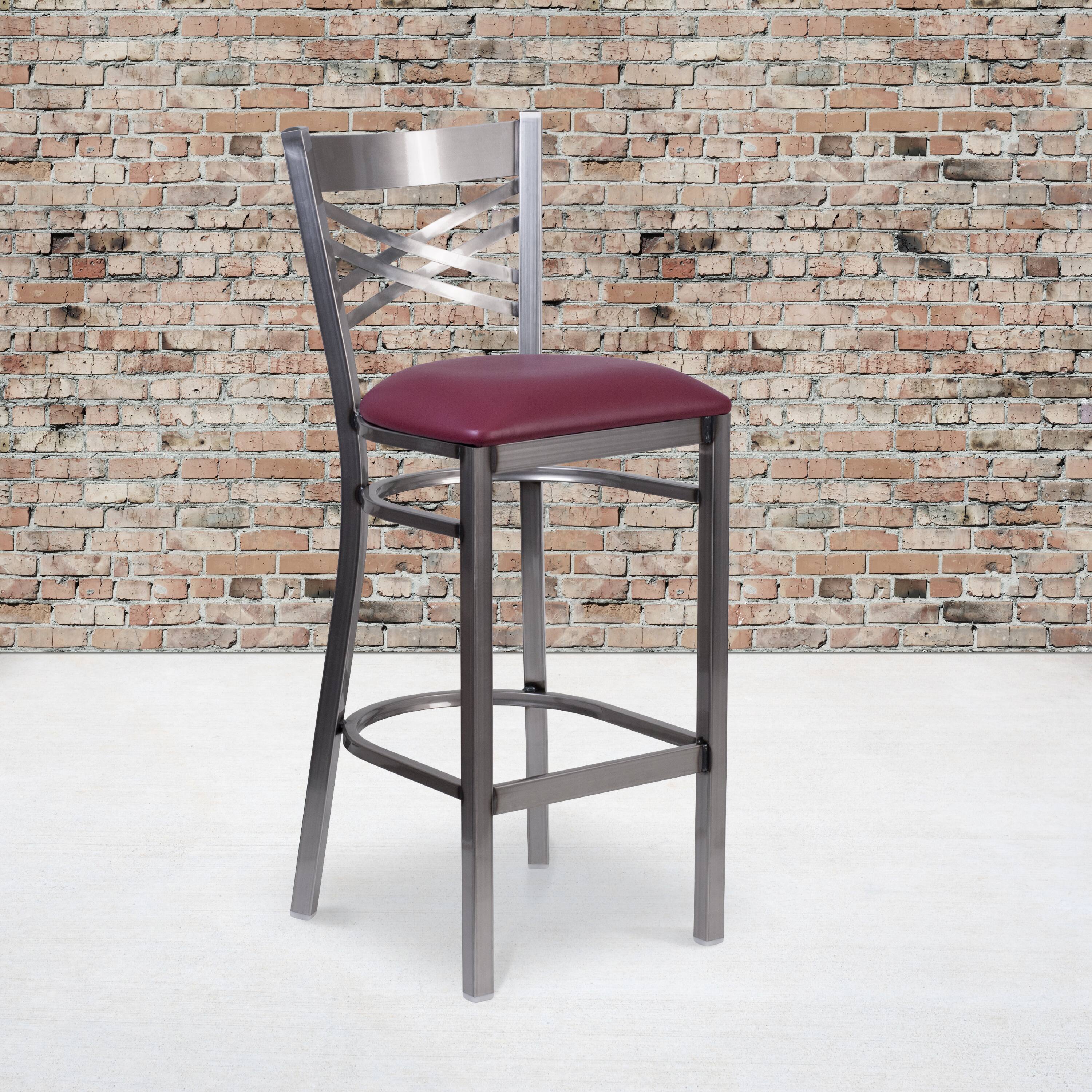 Angle. Flash Furniture - HERCULES Series Silver Antique Finish with Clear Coat ''X'' Back Metal Restaurant Barstool - Burgundy Vinyl Seat - Burgundy.