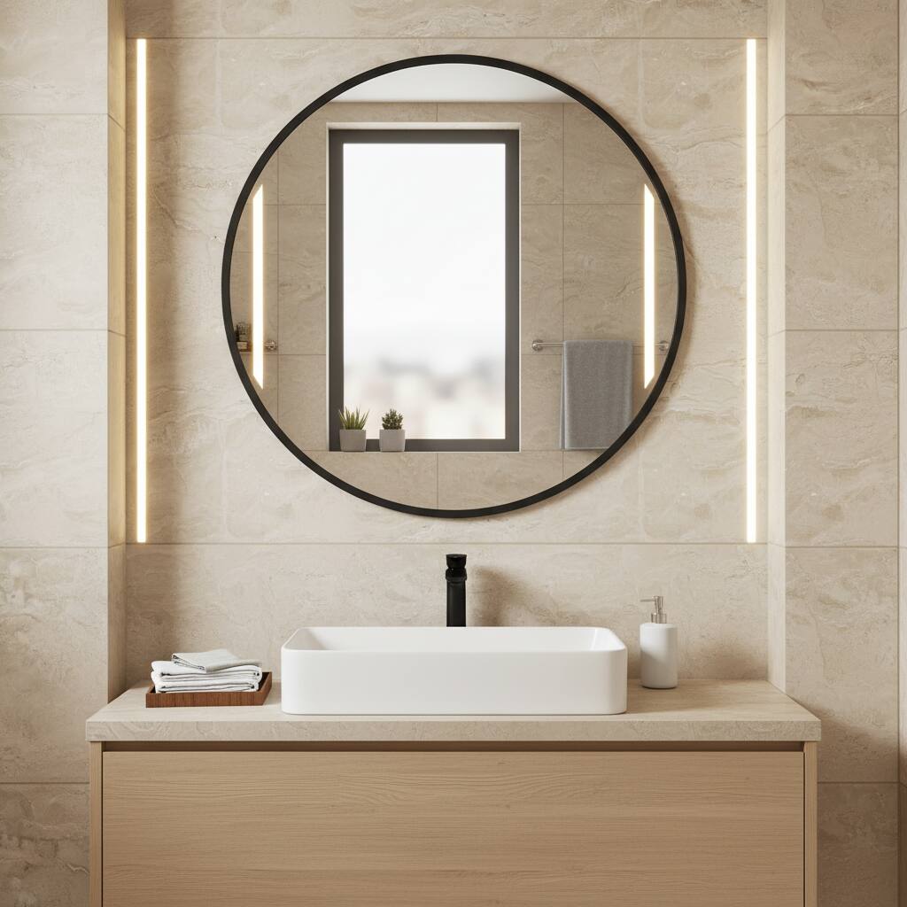 Angle. AOITUN - 24" Round Circle Wall Mirror, Thin Frame HD Glass for Bathroom, Bedroom, Vanity, Black.